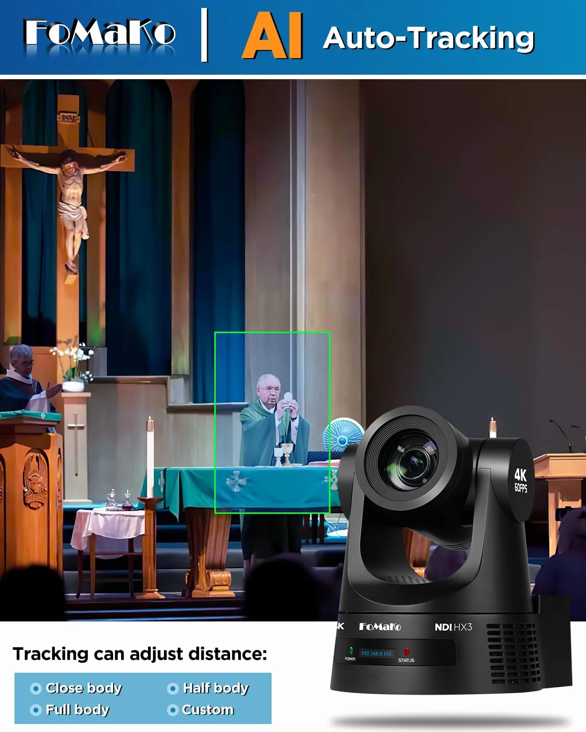 FoMaKo Kamera NDI PTZ 4K 60 kl./s, obsługuje wyjście NDI HX3 4K 60 kl./s, 20-krotny zoom optyczny, automatyczne śledzenie AI Gen 3, 3G-SDI/HDMI/NDI/USB/PoE, idealna do kultu kościoła i studia na żywo