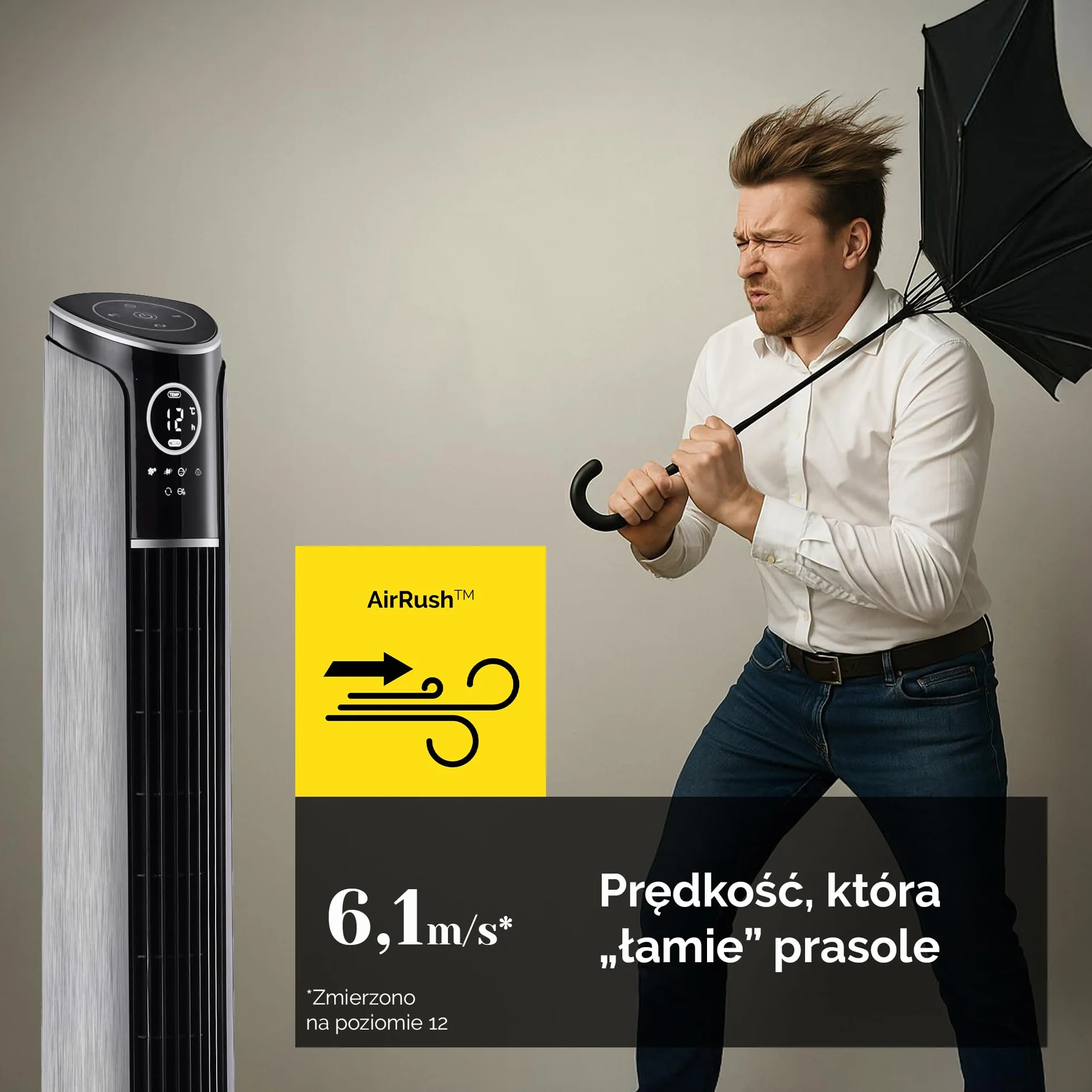 Yoer 29 dB Cichy wentylator kolumnowy, Jonizator, 10 m Zasięg nawiewu, Regulacja kąta nachylenia, 12 poziomów prędkości, 4 tryby pracy, 12h Timer, 90° Oscylacja, Pilot, Wi-Fi, Verto TF01S, szary