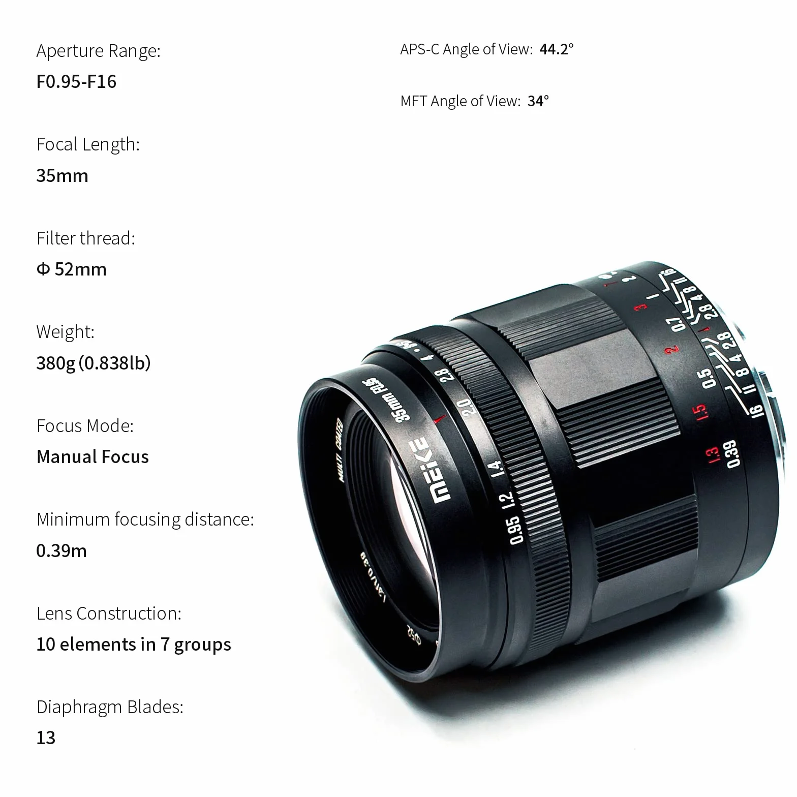 Meike 35 mm f0,95 Duża przysłona Ręczne ustawianie ostrości Prime Obiektyw stały APS-C Kompatybilny z bezlusterkowymi aparatami Sony E-Mount NEX 3 3N NEX 5R NEX 6 7 A6600 A6400 A5000 A5100 A6100 A6300