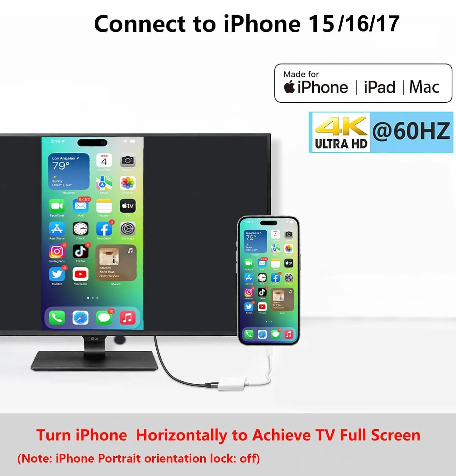 Adapter USB-C na HDMI 4K/60Hz dla iPhone 15 16, MacBook Pro Air, iPad Pro, kabel USB 3.1 typu C Digital AV HDMI 2.0 kompatybilny z Samsung Galaxy S25/S24/S23/S22, Pixelbook, XPS i więcej