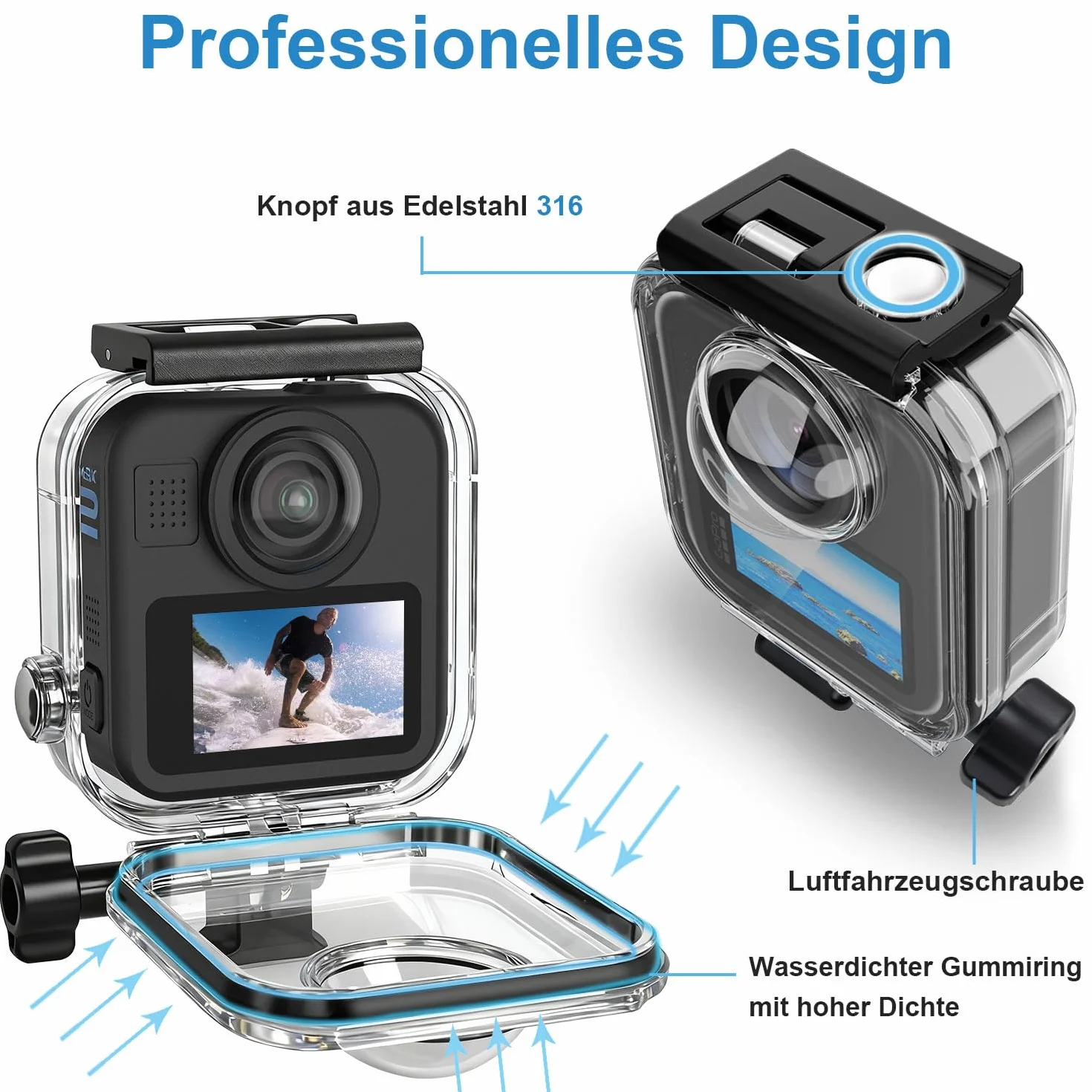 FitStill Wodoszczelny pokrowiec ochronny nadaje się tylko do Go Pro Max 2, optyczny szklany obiektyw, pyłoszczelny i wodoszczelny pokrowiec ochronny, obudowa do nurkowania pod wodą, maks. 2 akcesoria