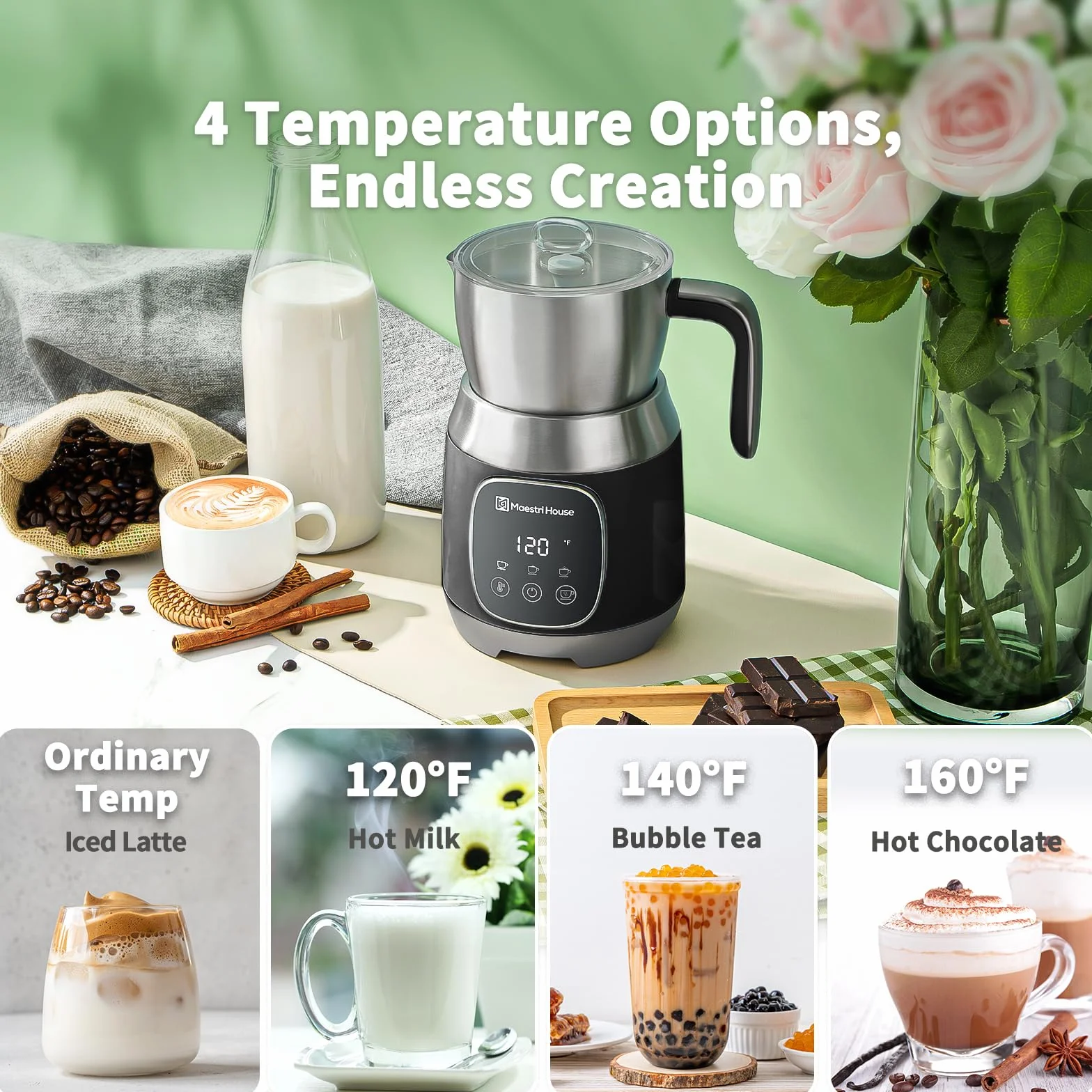 Maestri House 12 w 1 600 ml spieniacz do mleka o zmiennej temperaturze i sile piany, elektryczny spieniacz do mleka, inteligentne sterowanie dotykowe, do latte cappuccino, gorącej czekolady i mleka