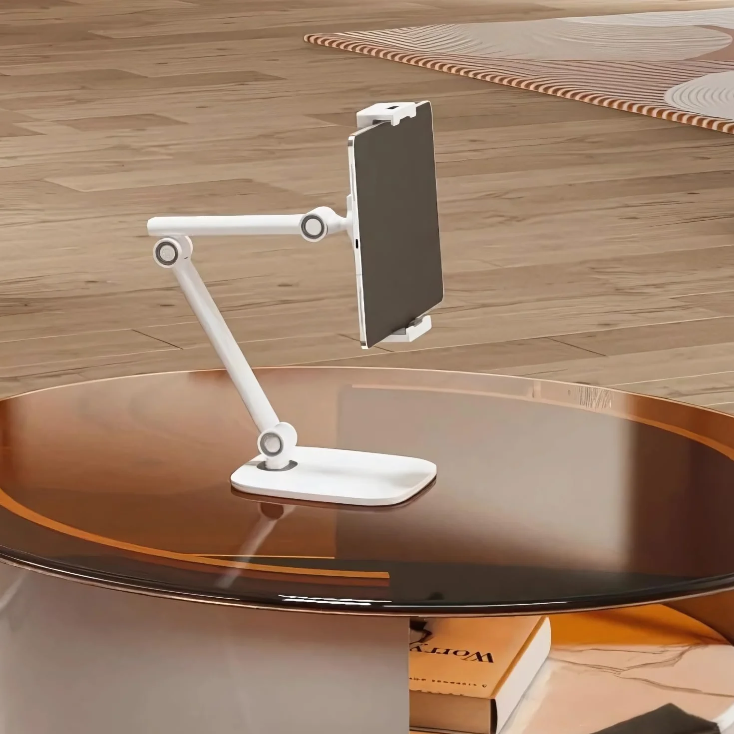 Spacetronik Stojak na tablet, aluminiowy uchwyt biurkowy na tablet, obrotowy, składany, z podkładkami antypoślizgowymi, przepustem kablowym (biały)