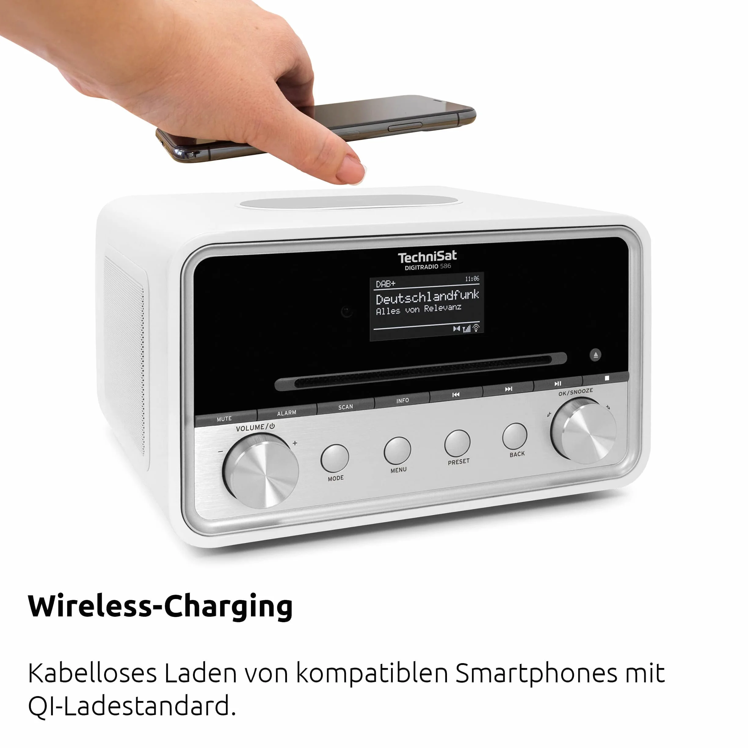 TechniSat DIGITRADIO 586 - hybrydowe radio DAB+ (radio internetowe, FM, Bluetooth, Spotify, ładowanie bezprzewodowe, sterowanie aplikacją, wyświetlacz OLED, USB, CD, MP3, AUX, 20 W, pilot) biały