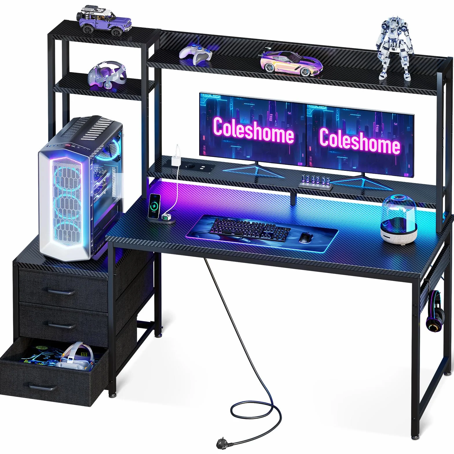 Coleshome Biurko Gamingowe z Półką i Szufladami, Oświetlenie LED, 137×48 cm Czarny Węglowy