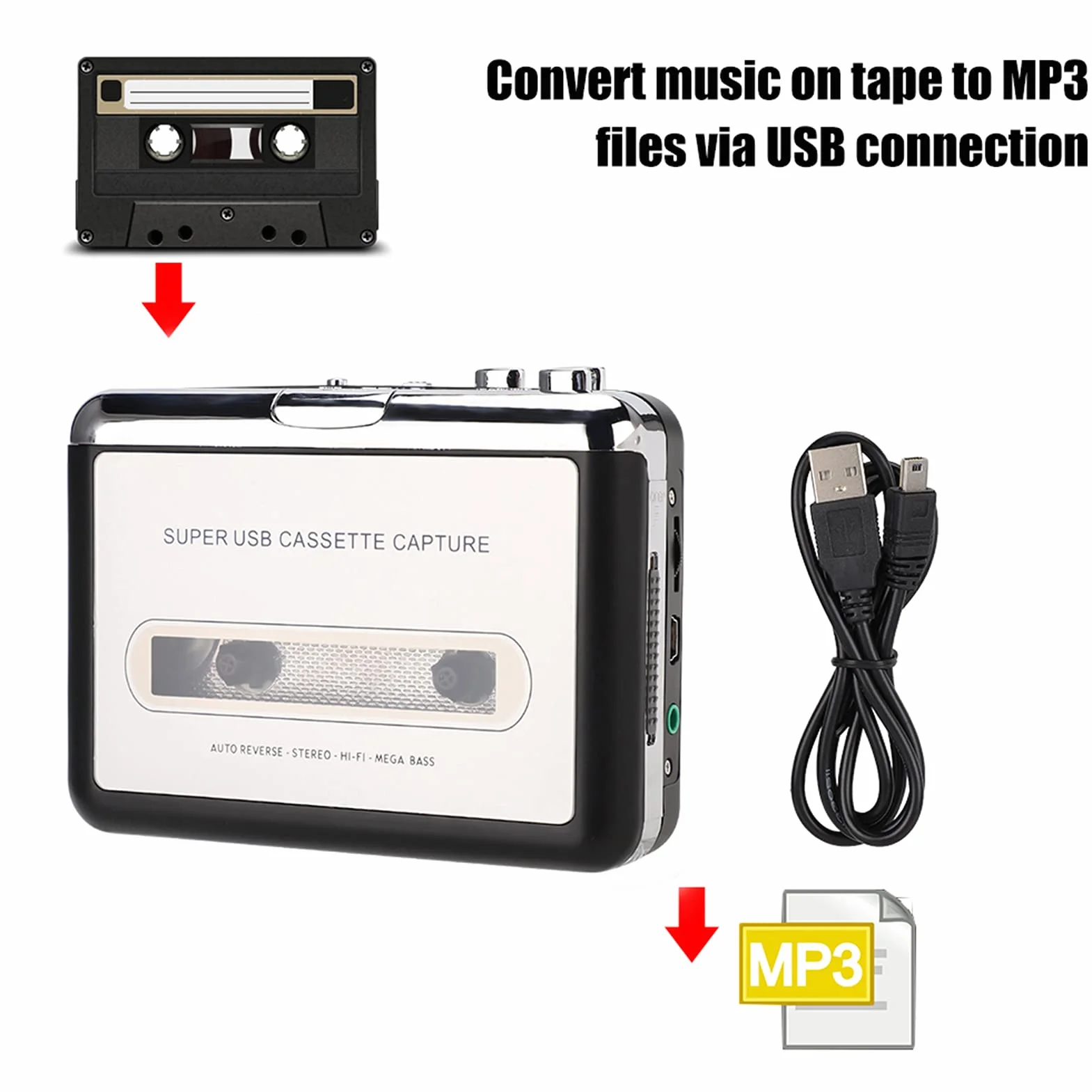 Odtwarzacz kaset audio, konwerter kaset USB na MP3, odtwarzacz muzyczny ze słuchawkami, kompatybilny z laptopami
