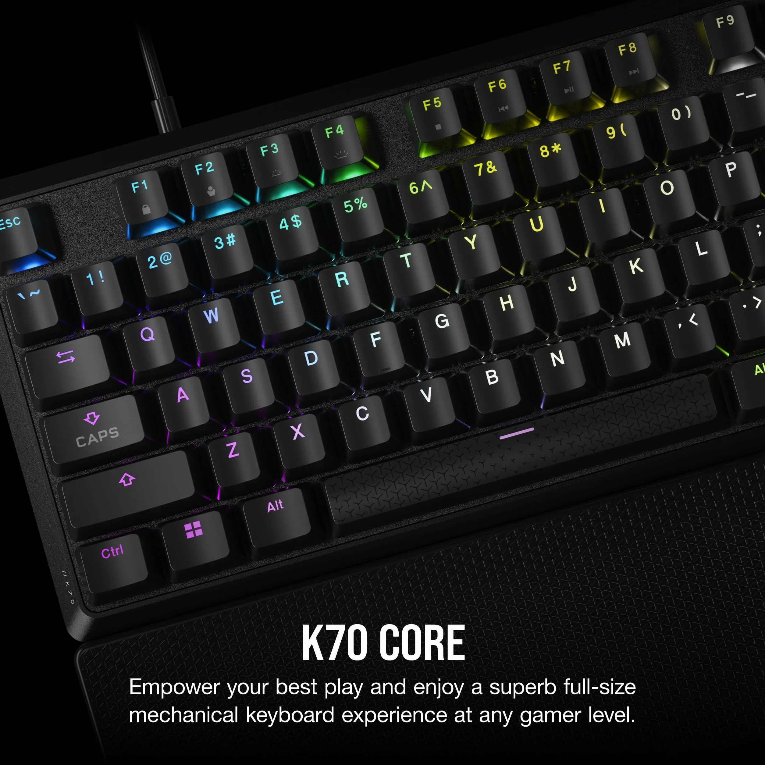 CORSAIR K70 CORE RGB mechaniczna przewodowa klawiatura do gier z podpórką pod nadgarstki, wstępnie nasmarowane czerwone przełączniki liniowe MLX, SOCD, malowane ABS klawisze, tłumiące dźwięk, pokrętło