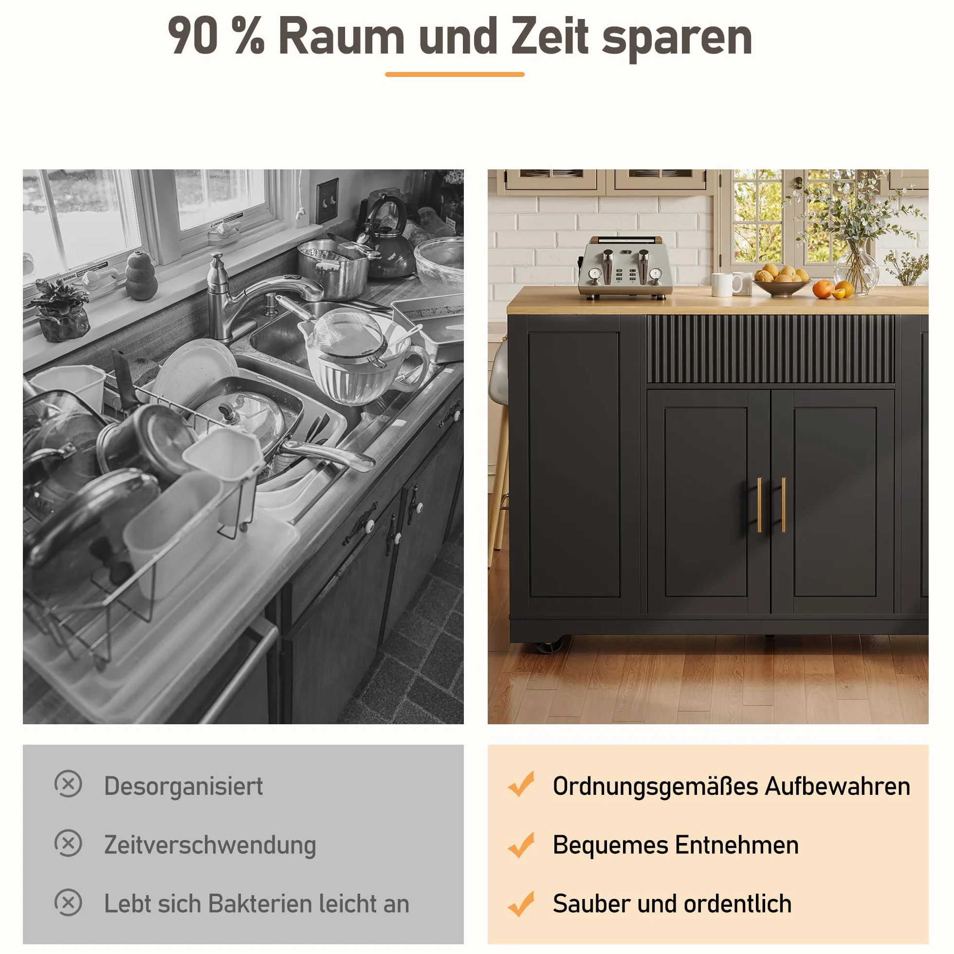 Wyspa kuchenna na kółkach 120x50x92 cm z komorą na śmieci 2 drzwiami 3 szufladami