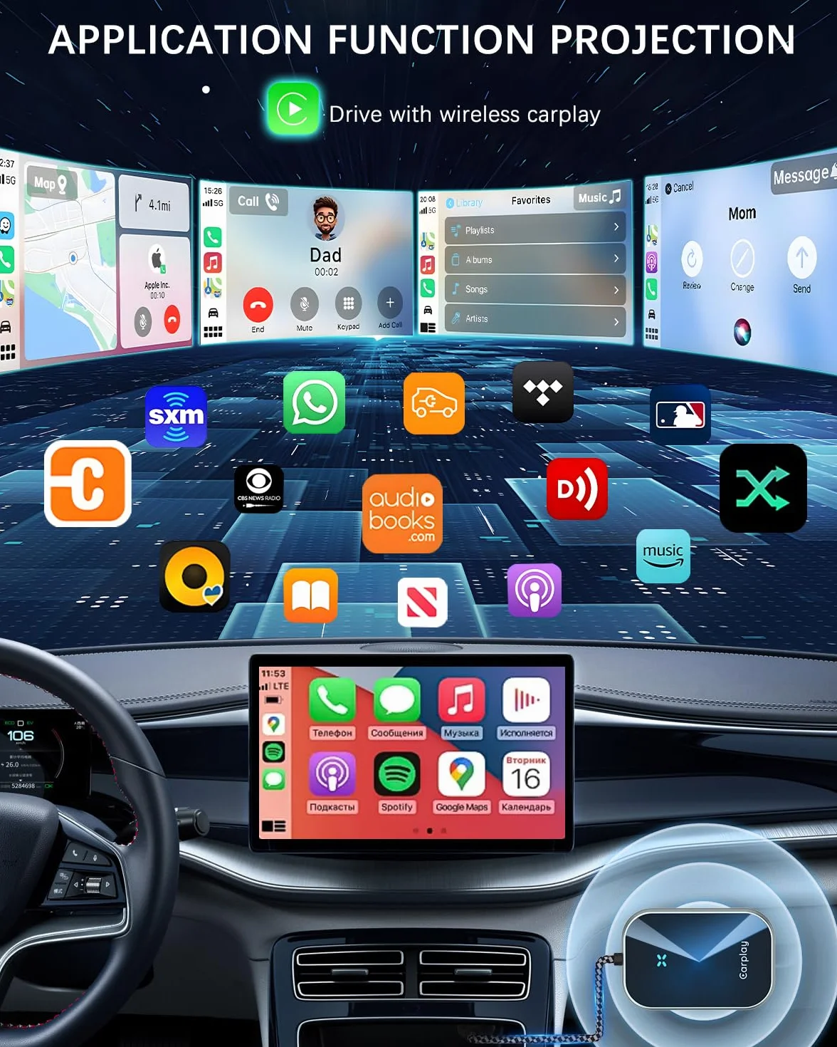 Adapter CarPlay z USB C/A i 5,8 GHz WiFi, umożliwiający konwersję fabrycznego przewodowego CarPlay na bezprzewodowy, funkcja Plug & Play, do samochodów od 2015 roku oraz iPhone z iOS 10+