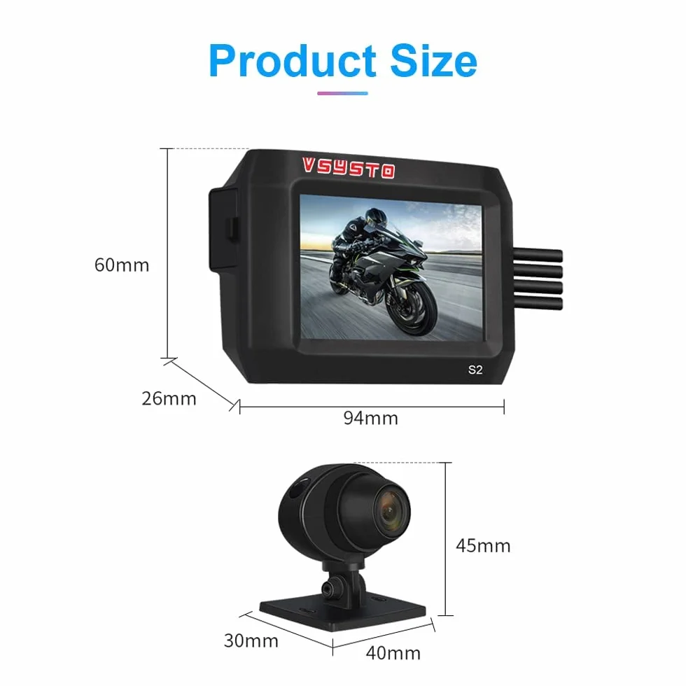 VSYSTO Rejestrator Jazdy Motocyklem Nadzór Parkowania Flameout Video Podwójna Kamera Przednia i Tylna 1080P 140 ° Szeroki kąt 3-calowy Ekran IPS WiFi GPS Pełne Ciało Wodoodporny Noktowizorz