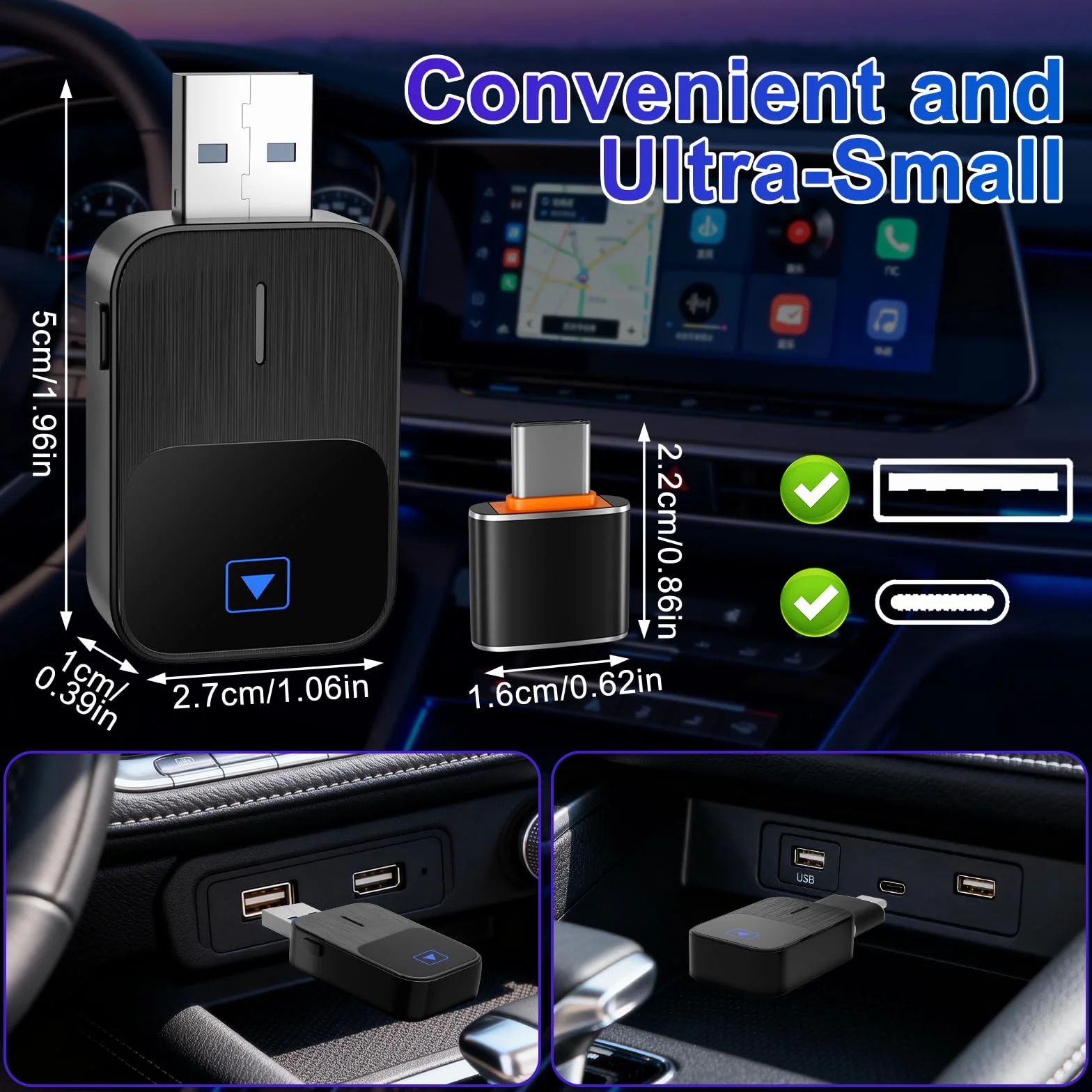 Mineup Adapter bezprzewodowy CarPlay, bezprzewodowy adapter Android Auto & Carplay, adapter bezprzewodowy 2 w 1, Plug and Play, kompatybilny z iOS 10+ i Android 11+, stabilne połączenie
