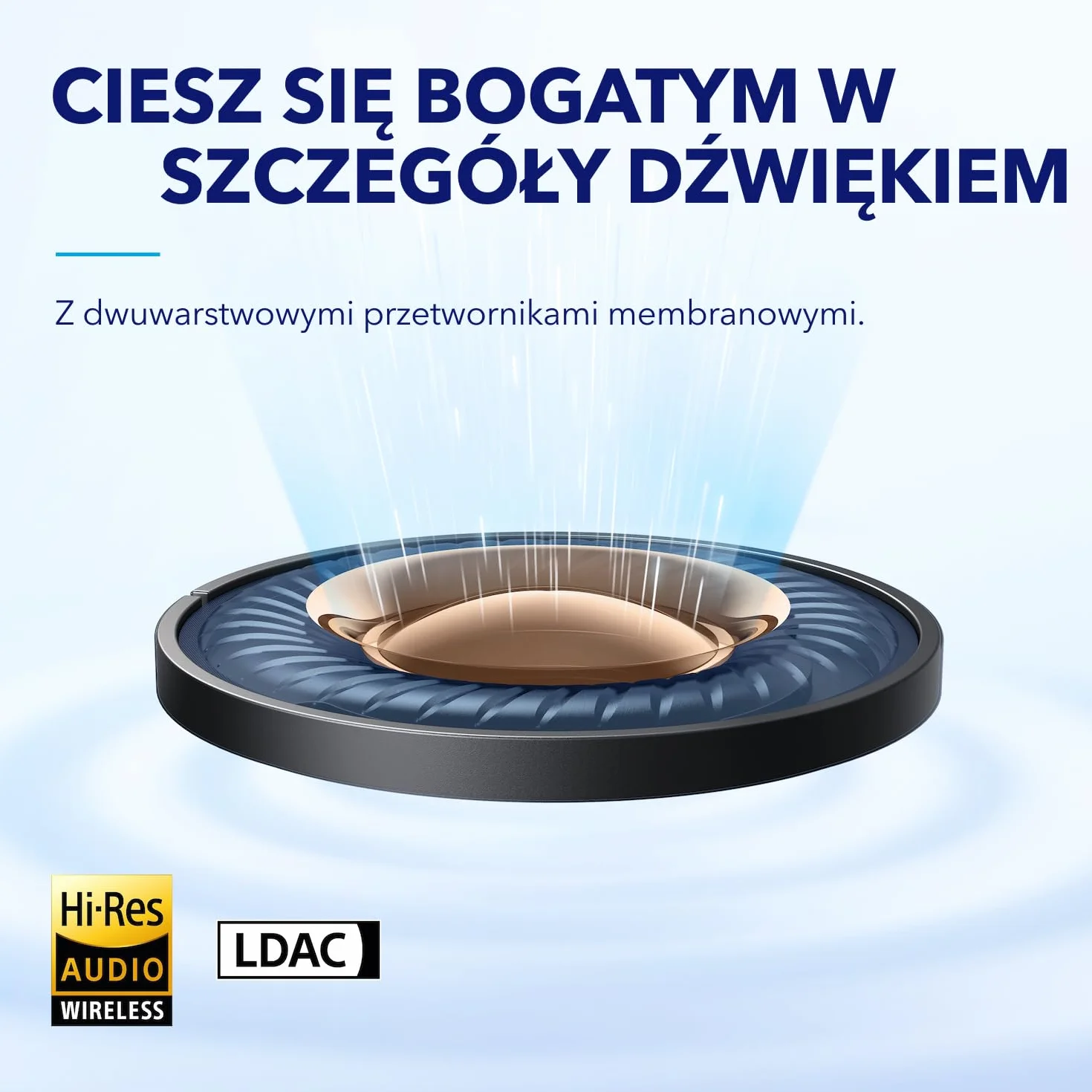 soundcore Anker Space A40, słuchawki bezprzewodowe, automatyczna redukcja szumów do 98%, odtwarzanie 50 h, dźwięk Hi-Res, wygodna konstrukcja, sterowanie aplikacją, słuchawki Bluetooth do słuchania