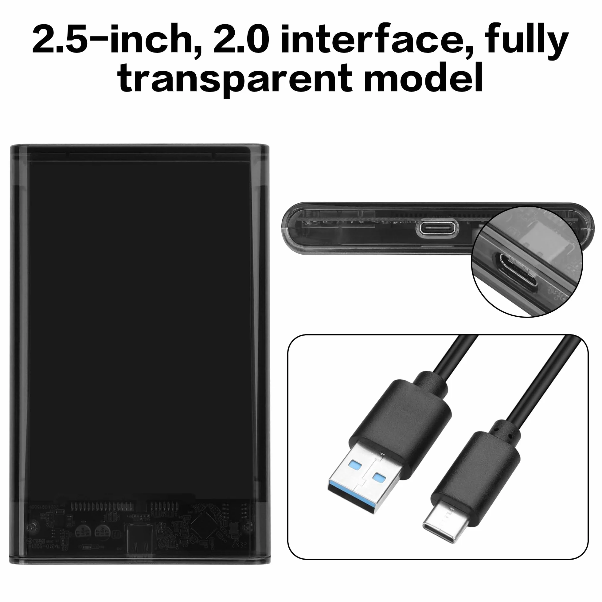 YAODHAOD Przezroczysta obudowa dysku twardego 2,5 cala, obudowa USB typu C do SATA III 6 Gbps HDD SSD obudowa, obsługuje UASP i transfer danych 750 MB/s, kompatybilna z laptopami Mac, PS4 Xbox (czarny