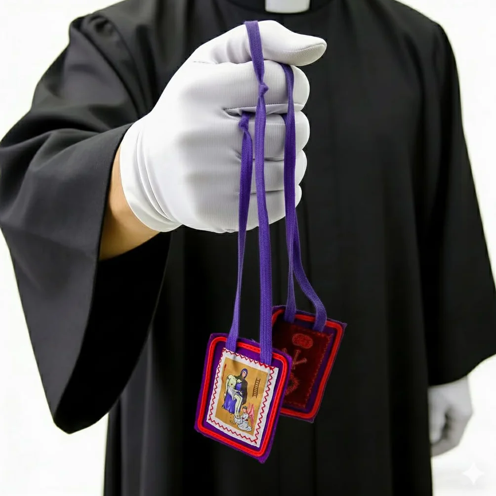 MERCILIA MEISHILAI 7,6 x 6,3 cm fioletowa szkaplerz - Escapulario Morado de Bendición y Protección wełniana szkaplerz na czasy końcowe - zawiera fioletową aksamitną torebkę i kartę modlitewną