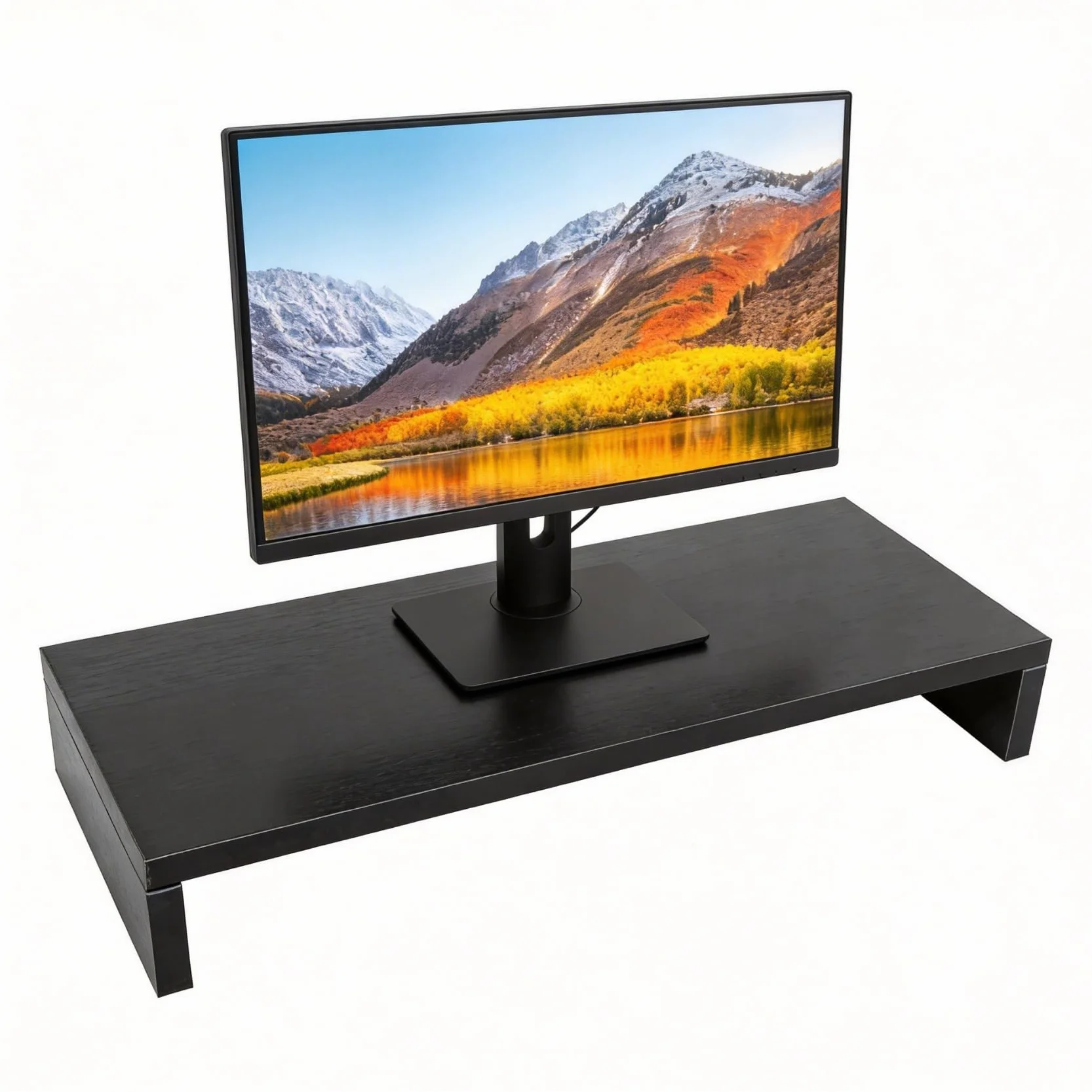 Podstawka pod monitor z drewna, organizer na biurko, LED, LCD, podwyższenie monitora komputera, notebooka, TV, uchwyt, organizer, regał, 50 x 20 x 7,7 cm (czarny)