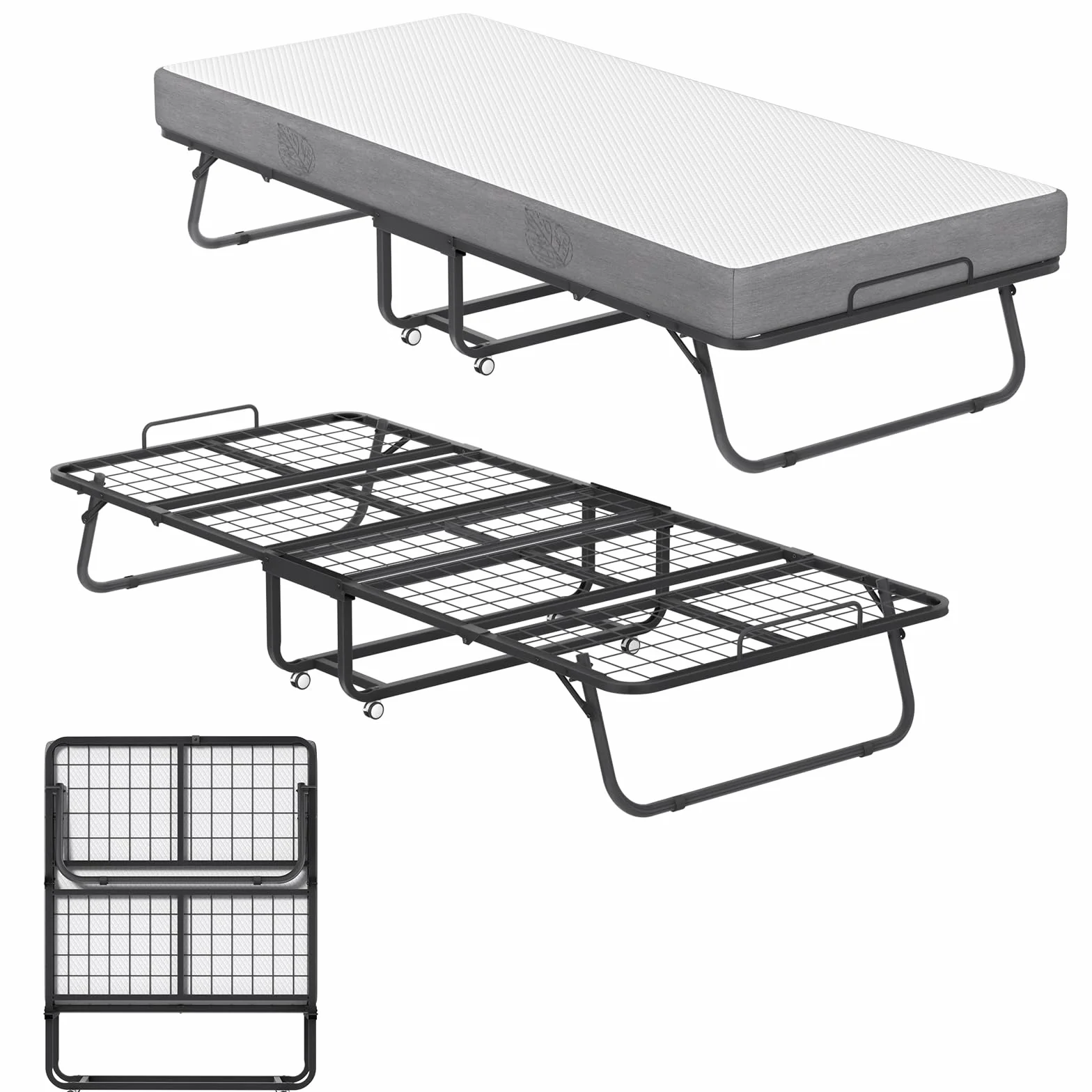 UISEBRT Łóżko Składane z Materacem 90 x 200 cm dla Gości, Metalowa Rama z Kółkami - dla Dorosłych, 13 cm Grubości, Nośność 200 kg