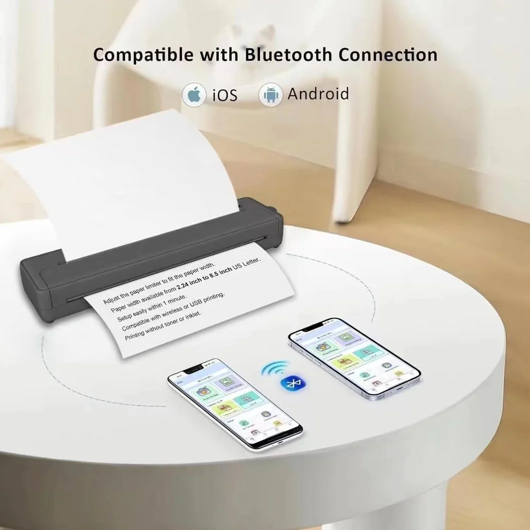 Drukarka termiczna A4, przenośna drukarka, kompaktowa drukarka termiczna bezatramentowa, kompatybilna z Bluetooth ze smartfonem, USB i tabletem/Mac