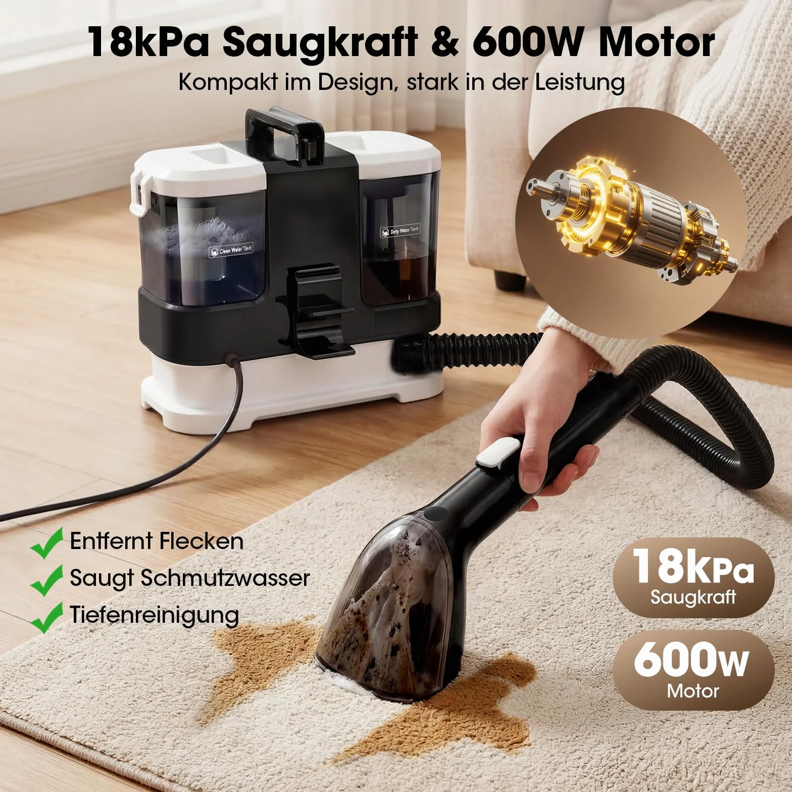 Lubluelu Urządzenie do czyszczenia tapicerki na mokro 600 W 18 kPa kompaktowe