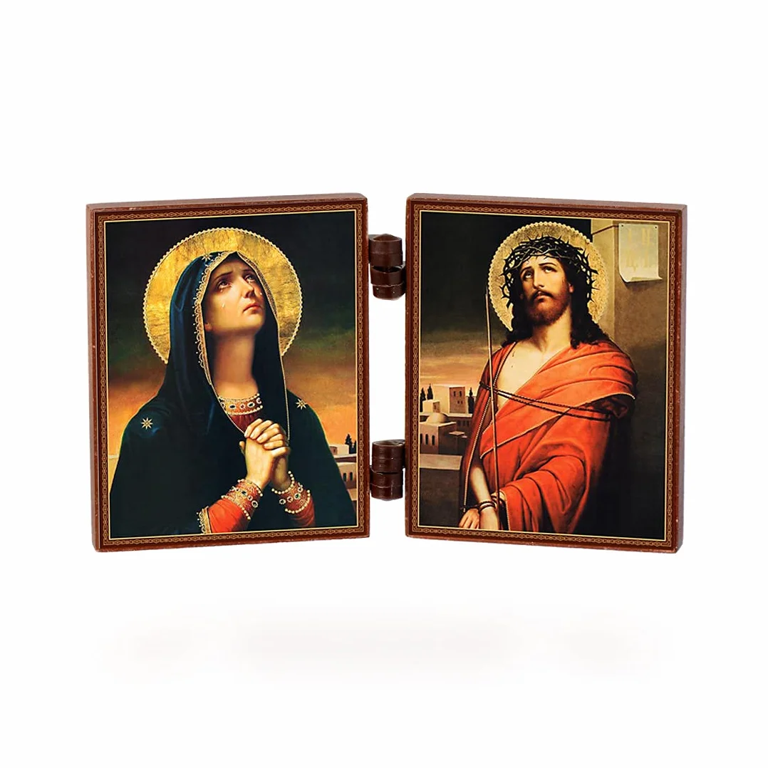 NKlaus - Deva Maria & Jesus - drewniany dyptyk chrześcijański - Skorbjashhaja Bogorodica w Spasitel - ołtarz podróżny 36153