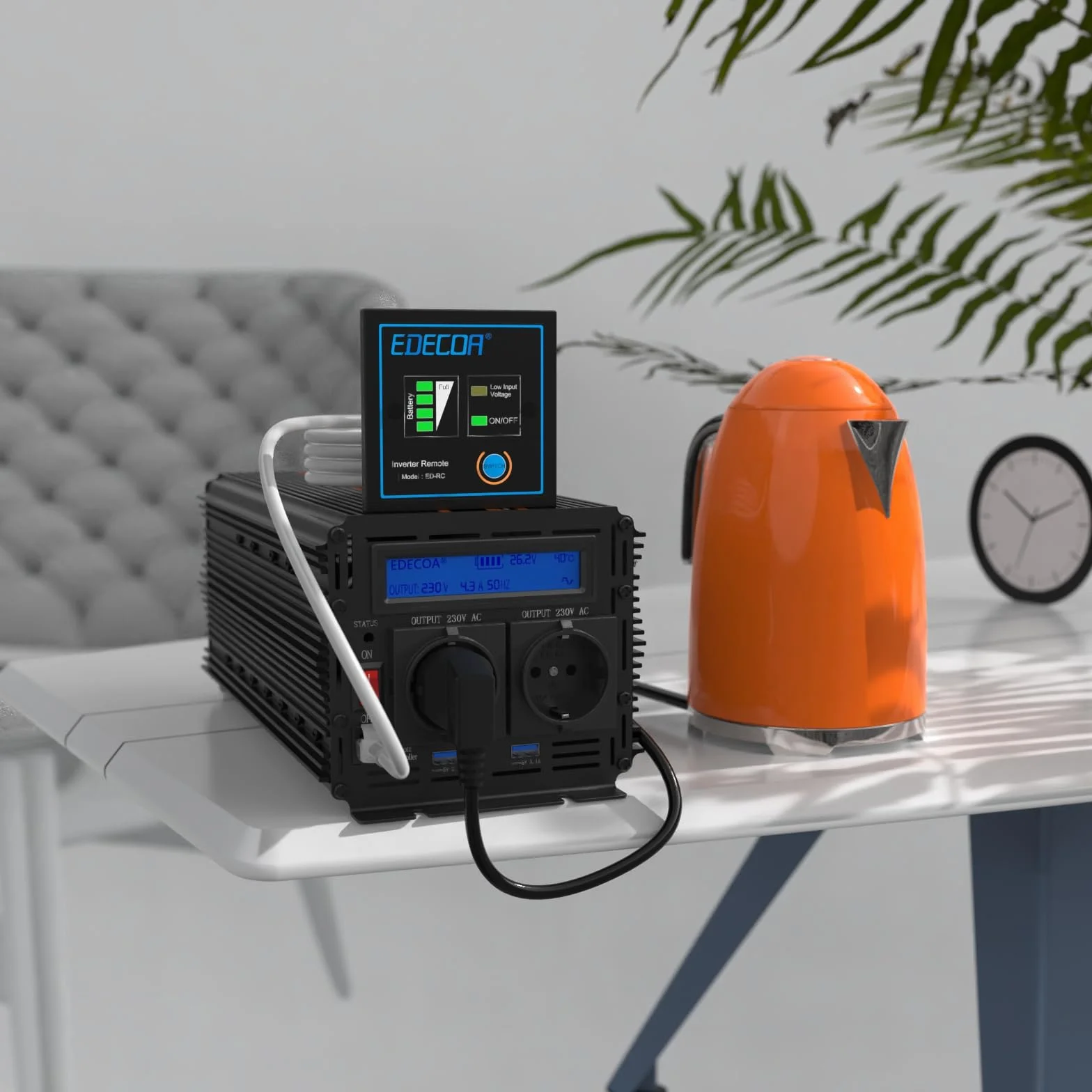 EDECOA 3000W/6000W, Zmodyfikowany Falownik Sinusoidalny 24V/230V, Moc Znamionowa 3000 Watów 24V DC do 230V AC Inwerter Solarny z Pilotem Zdalnego Sterowania, Dostępne Interfejsy USB i Typu-C