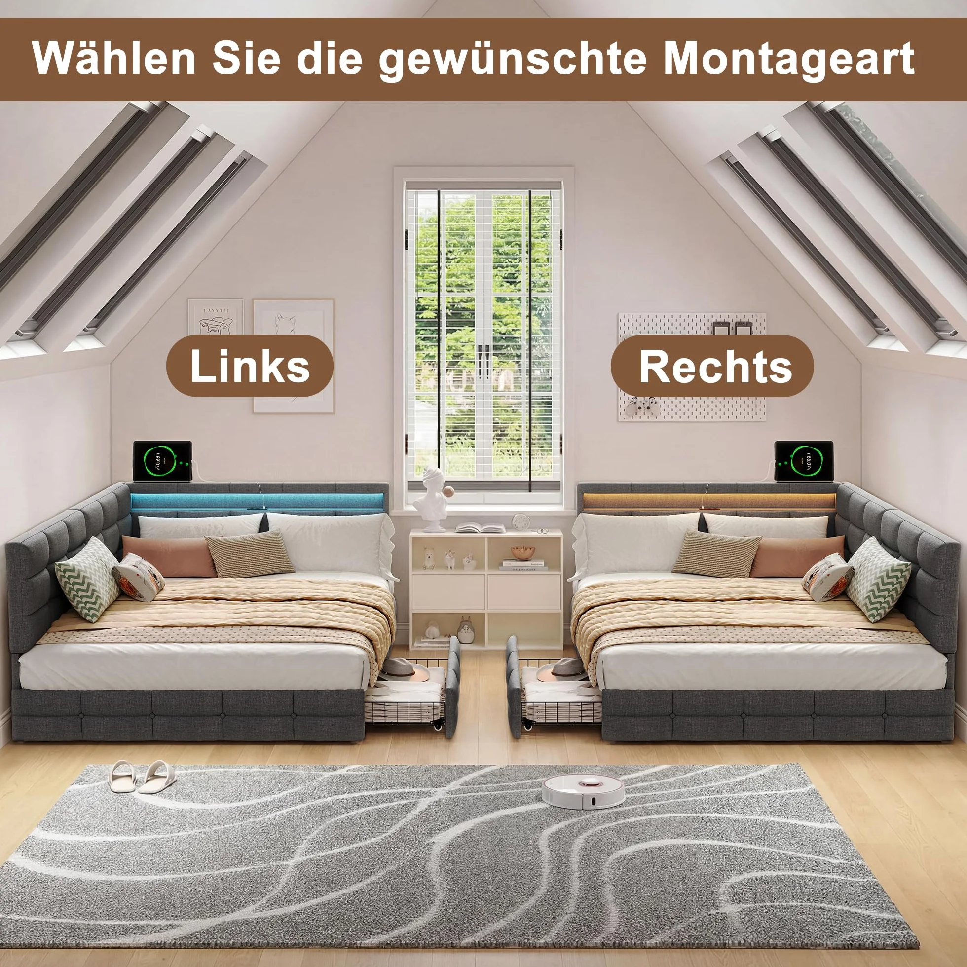 Łóżko tapicerowane, podwójne, 140 x 190 cm, z miejscem do przechowywania, łóżko dzienne, sofa z 2 szufladami, łóżko młodzieżowe z diodami LED i USB, łóżko funkcyjne ze stelażem, len, szare (szare, 140