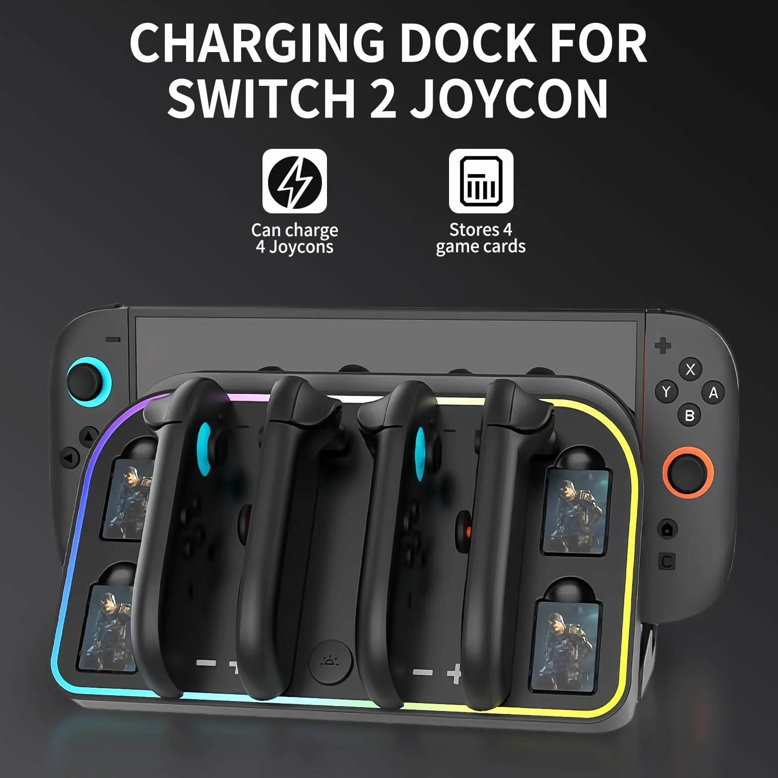 Stacja ładująca do Nintendo Switch 2 Joy Con (2025), szybka ładowarka SW2 Joy-Con magnetyczna stacja ładująca z 7 trybami światła i gniazdami na karty do gier, biurko/ścienna stacja ładująca