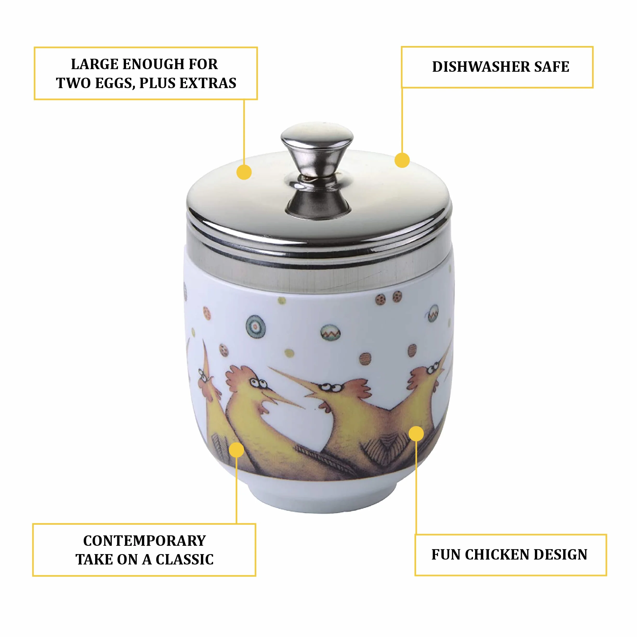 BIA International – porcelanowy zestaw 2 wielokolorowych porcelanowych kłusowników do jajek z deszczowymi jajkami autorstwa artystki Clare Mackie, kuchenny kocioł na jajka i kuchenka wielofunkcyjna