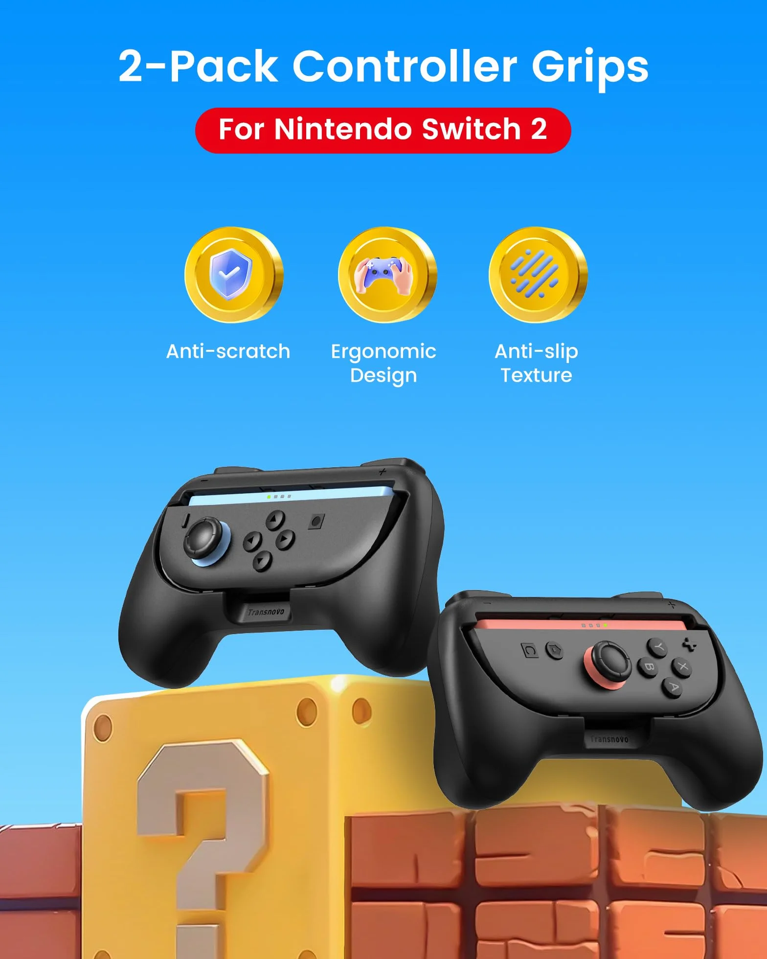TRANSNOVO Uchwyty do przełącznika 2, odporne na zużycie, akcesoria do przełączników, uchwyty kontrolera do JoyCon, 2 sztuki komfortowych uchwytów (czarne)