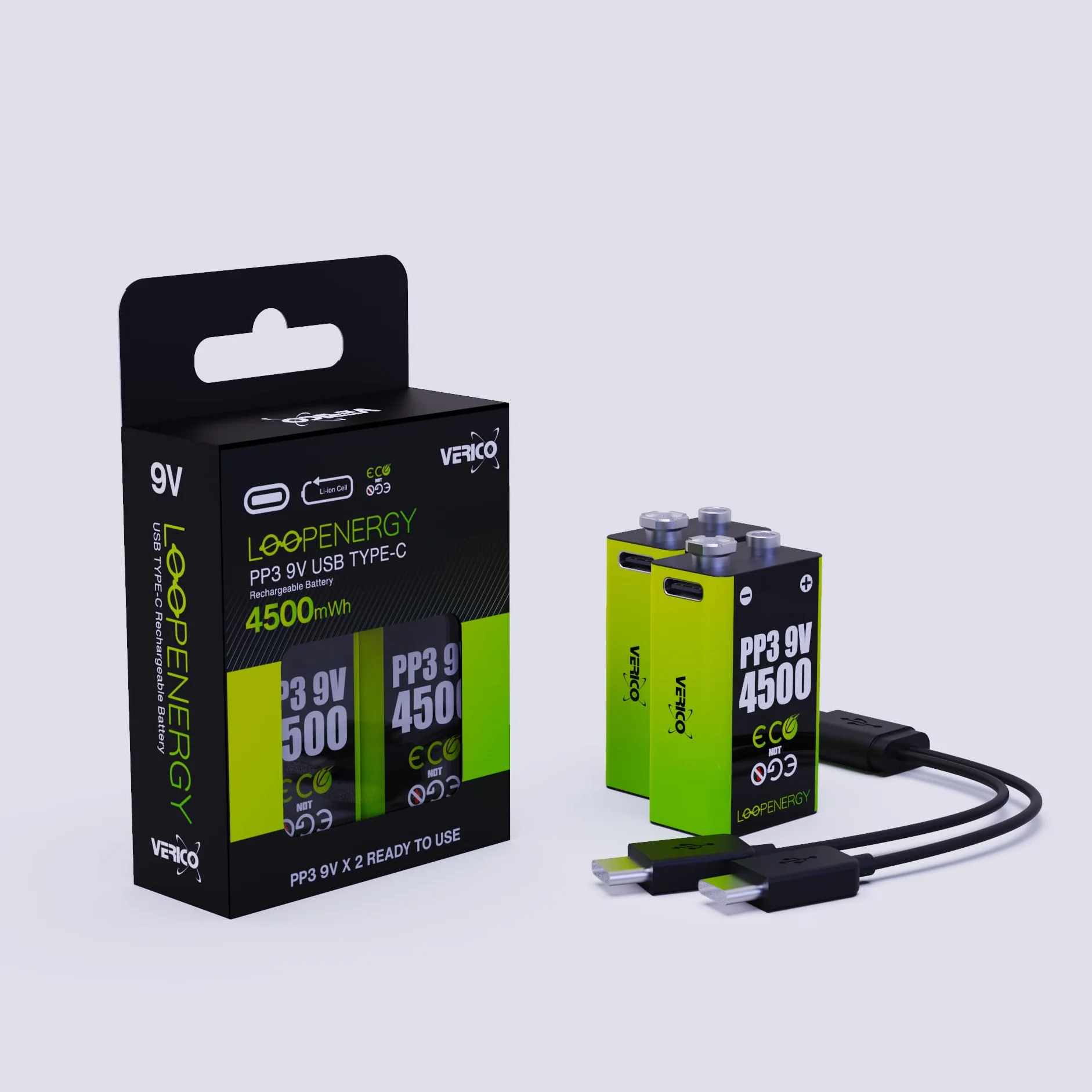 Verico LoopEnergy blok 9 V, 2 sztuki, PP3, 4500 mAh, akumulator USB-C, litowo-jonowy, 1 kabel do ładowania USB typu A na 2 x typ C