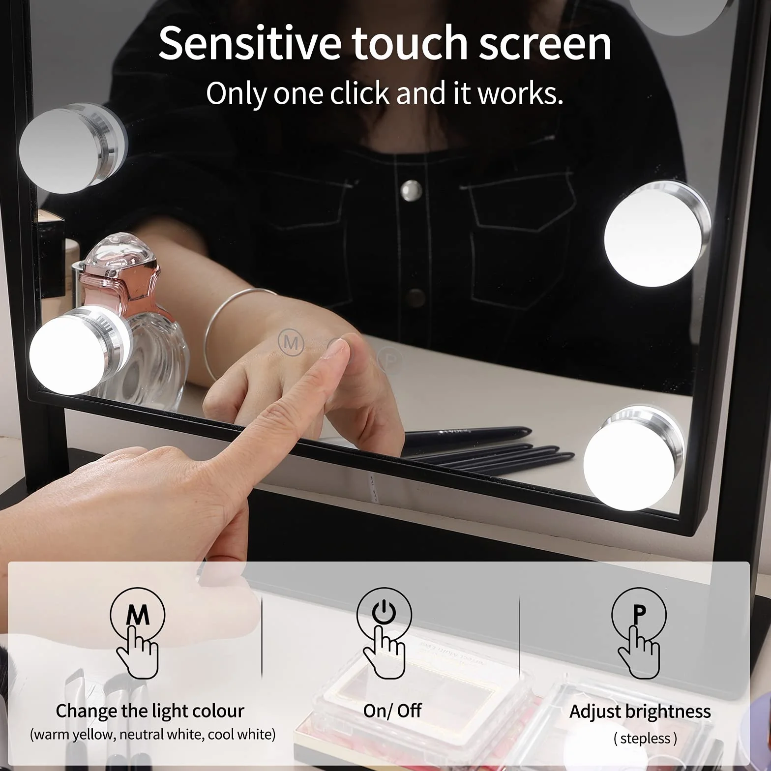 Meidom Lusterko do makijażu z oświetleniem, 12 ściemnianych diod LED, obracane o 360°, 3 kolory światła, ekran Smart Touch, lustro Hollywood z oświetleniem, czarne, 36 x 47 cm