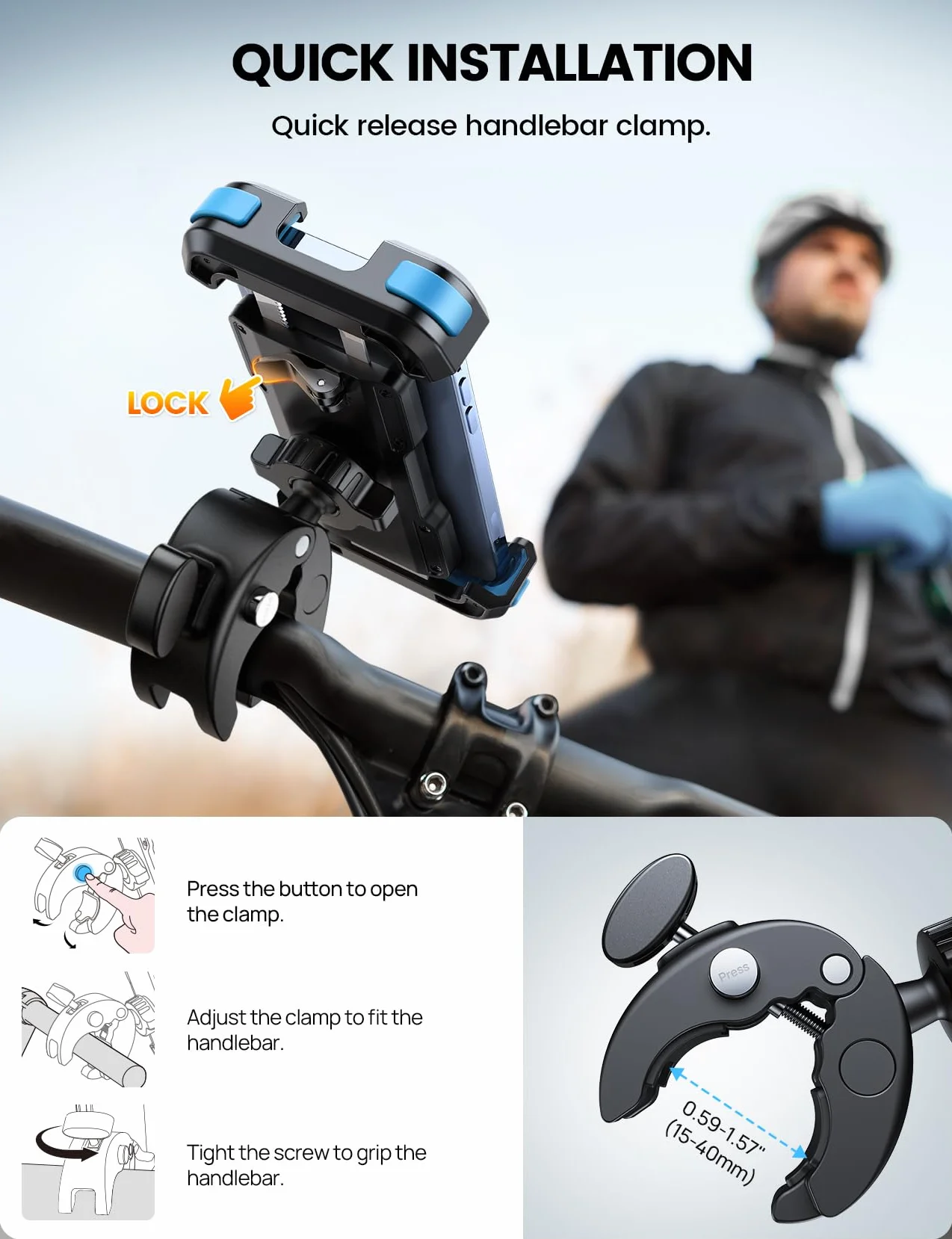 Lamicall Motocyklowy uchwyt na telefon - Montaż na telefon dla motocykli,Rowerowy uchwyt na telefon z szybkim uchwytem dla iPhone 16 15 14 13 12 Pro Max Plus Mini Xs XR X, 4,7-6,8 cala - Niebieski