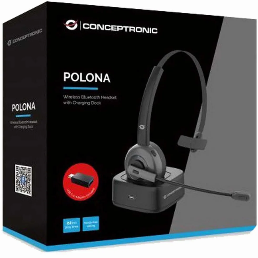 Conceptronic POLONA03BD bezprzewodowy zestaw słuchawkowy Bluetooth ze stacją ładującą bezprzewodową z mikrofonem tłumiącym hałas