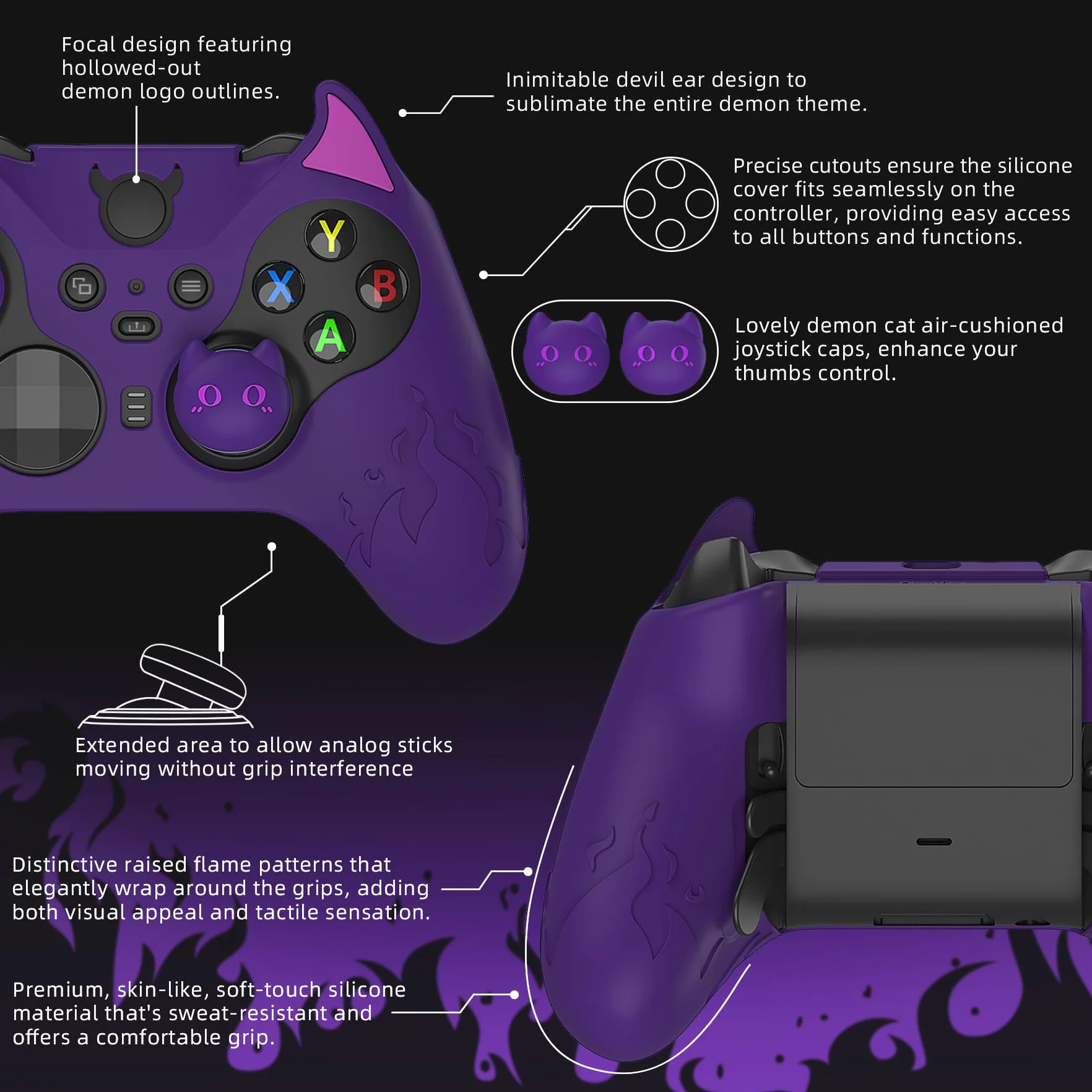 PlayVital Osłona Ochronna do Xbox Elite Series 2,Etui na Kontroler do Xbox Elite 2 Core z Nakładkami na Joystick,Silikonowa Ochrona Antypoślizgowa–Fioletowa, Edycja Demon