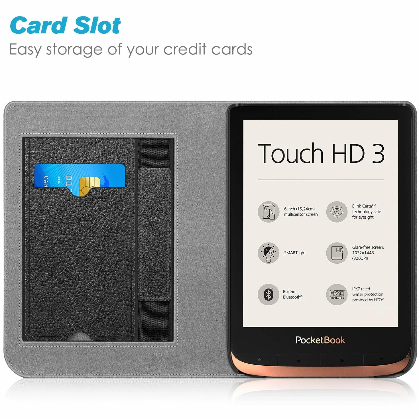 Fintie etui na Pocketbook Touch HD 3/Touch Lux 4/Touch Lux 5/Basic Lux 2/Color (2020), ochronne etui z podpórką, gniazdem na karty i paskiem, automatyczne uśpienie/budzik, czarne