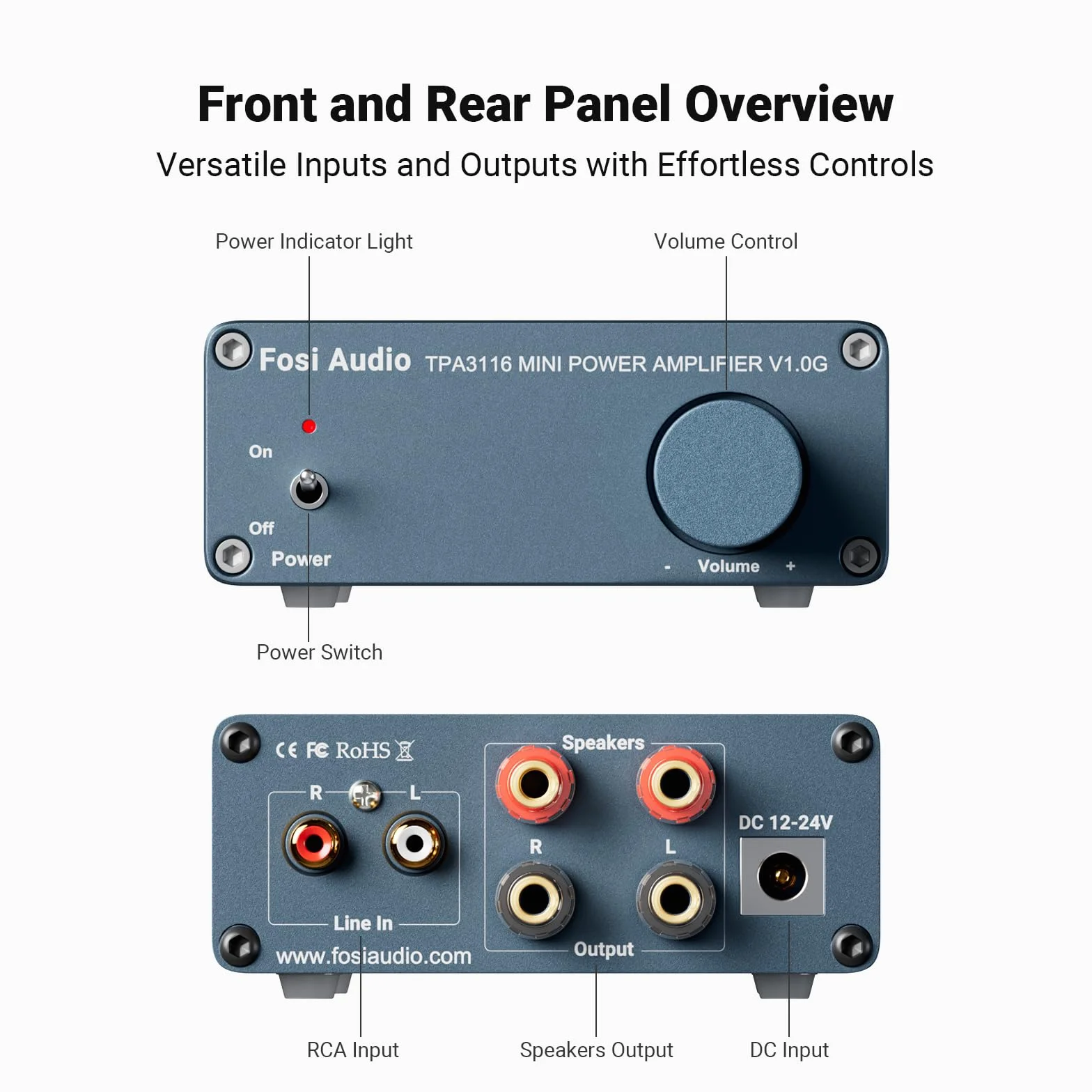 Fosi Audio V1.0G 2-kanałowy wzmacniacz audio stereo mini klasy Hi-Fi zintegrowany TPA3116 Amp do głośników domowych 50 W x 2, z zasilaczem 19 V 4,74 A