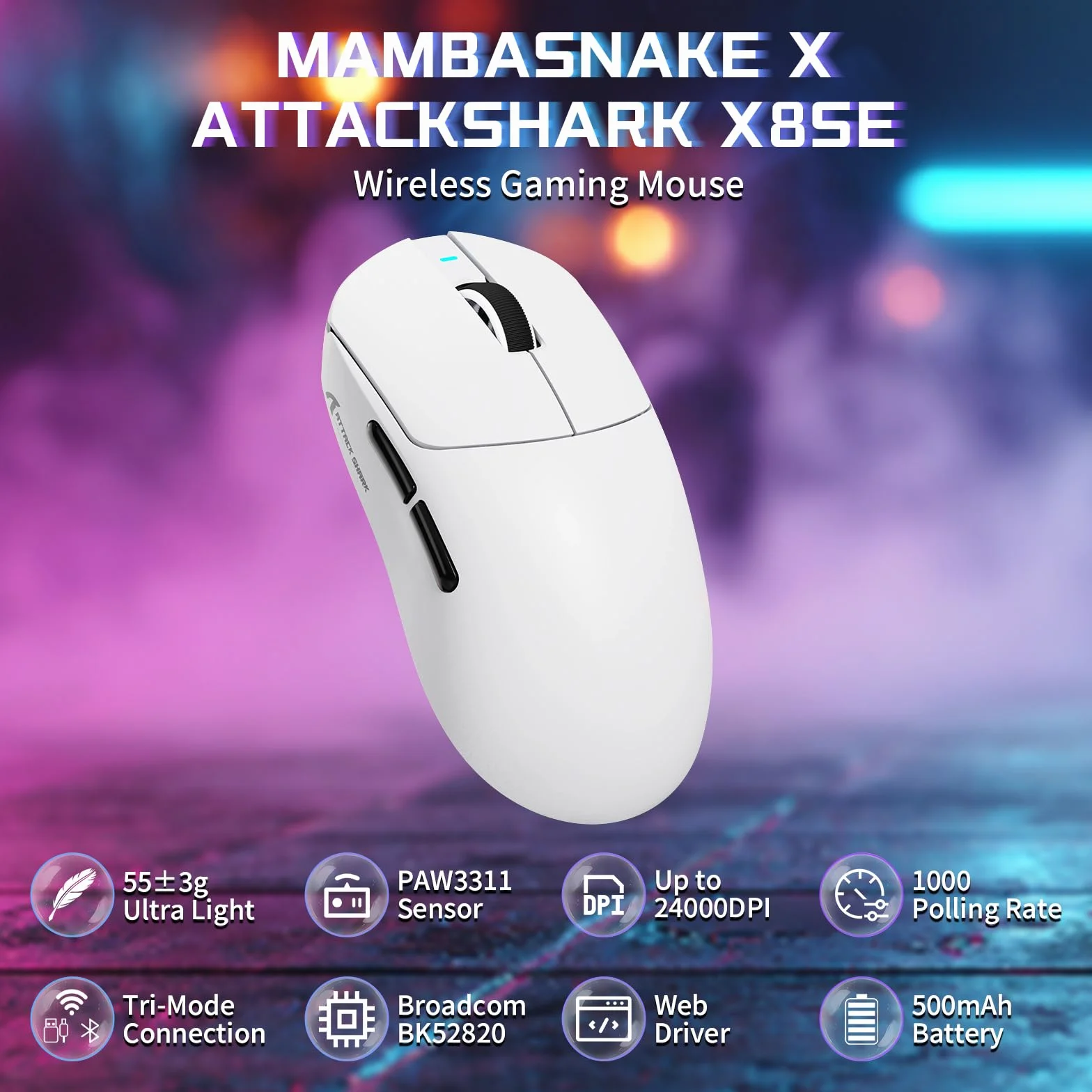 MAMBASNAKE X ATTACK SHARK X8SE Ultralekka bezprzewodowa mysz gamingowa 55g 25000DPI PixArt PAW3311 BT 2.4G USB-C Biała