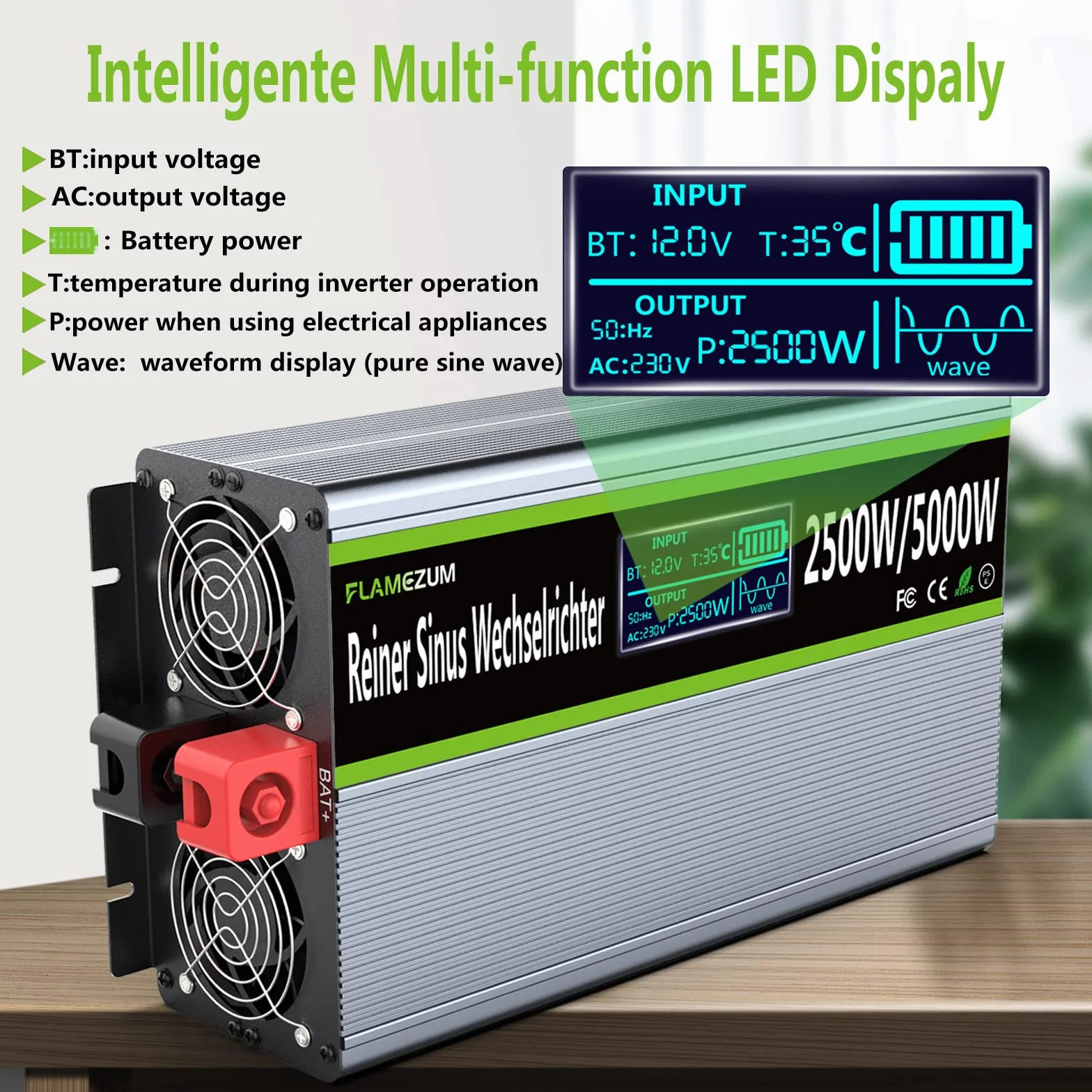 Falownik 12V 230V Czysty Sinus 2500W Przetwornica Napięcia z Pilotem Zdalnego Sterowania i Ekranem LCD & 2 Gniazdkami UE & 2 Port USB Solar Power Inverter do Samochodu,Przyczepy kempingowej,łodzi,na kemping