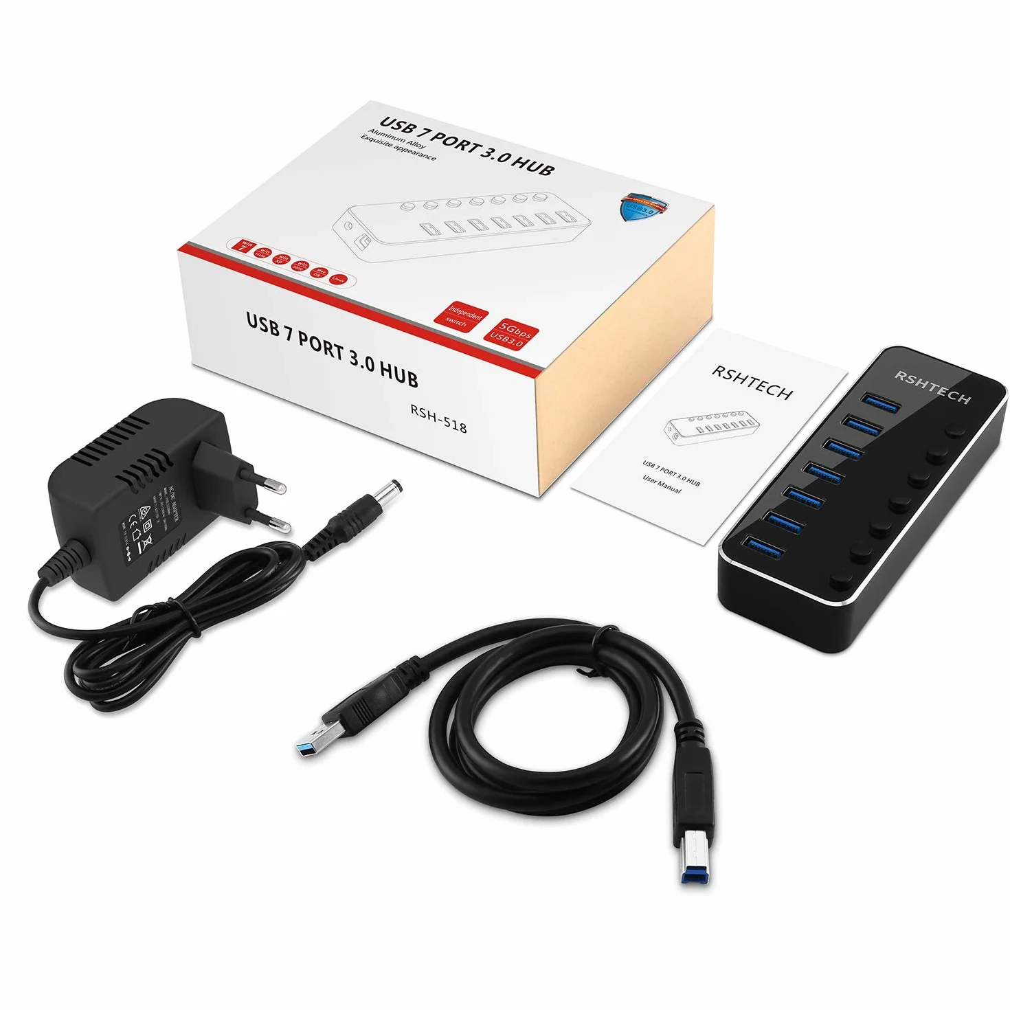 RSHTECH Hub USB 3.0 z 10W Zasilacz Aluminiowy 7 portów USB 3.0 Hub Expander do ładowania i przesyłania danych z adapterem 5V/2A i indywidualnymi włącznikami/wyłącznikami（RSH-518）