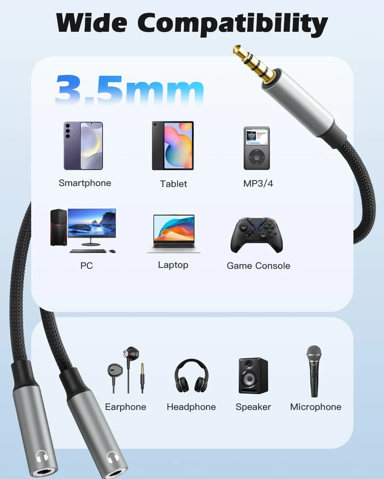 Adapter audio Jack Y Aux, wtyczka 3,5 mm 1 w 2 out na gniazdo Hi-Res 24bit/96 kHz zestaw słuchawkowy rozdzielacz kabel słuchawki podwójna wtyczka do smartfona, komputera, tabletu, laptopa, mikrofonu
