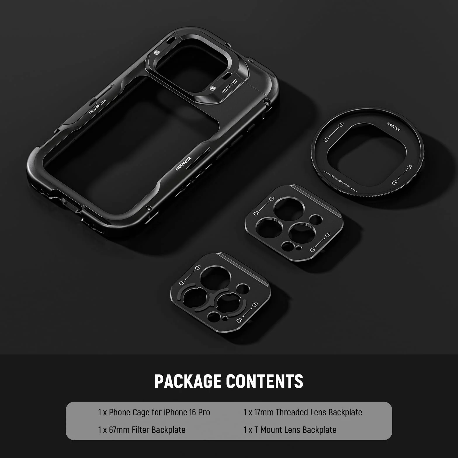 NEEWER 16 Pro Cage Quick Release Video Rig Stabilizer kompatybilny z iPhone 16 Pro z 67mm adapterem filtra 17mm tylna płytka obiektywu T mocowanie obiektywu kompatybilny z Moment PA073