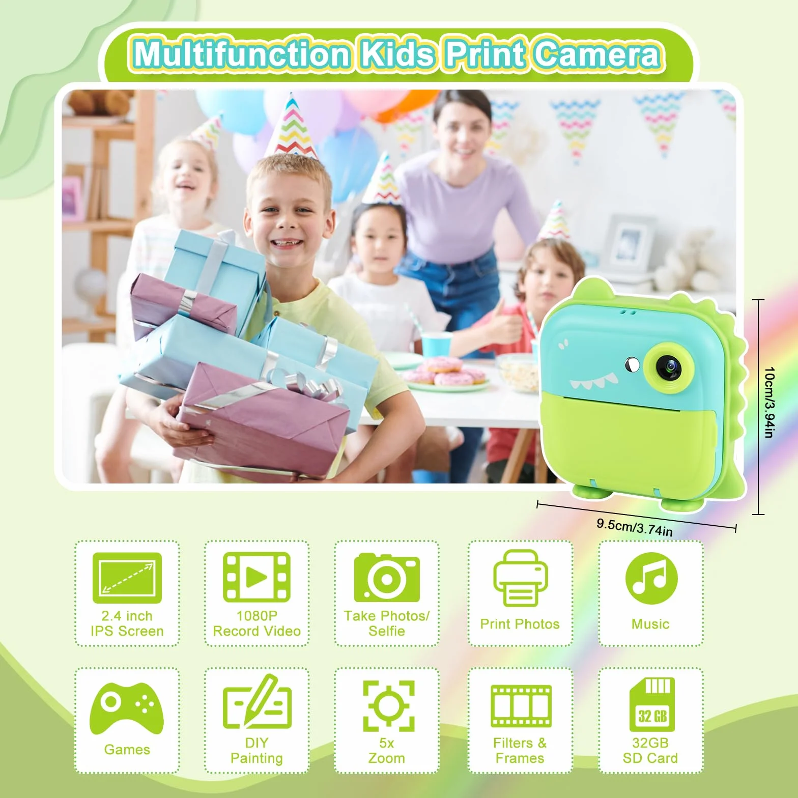 GuKKK Aparat Cyfrowy dla Dzieci 1080P - Ekran 2,4 Cala, Natychmiastowy, z Kartą 32 GB, 10 Rolek Papieru do Drukowania, 5 Kolorowych Długopisów - Prezent
