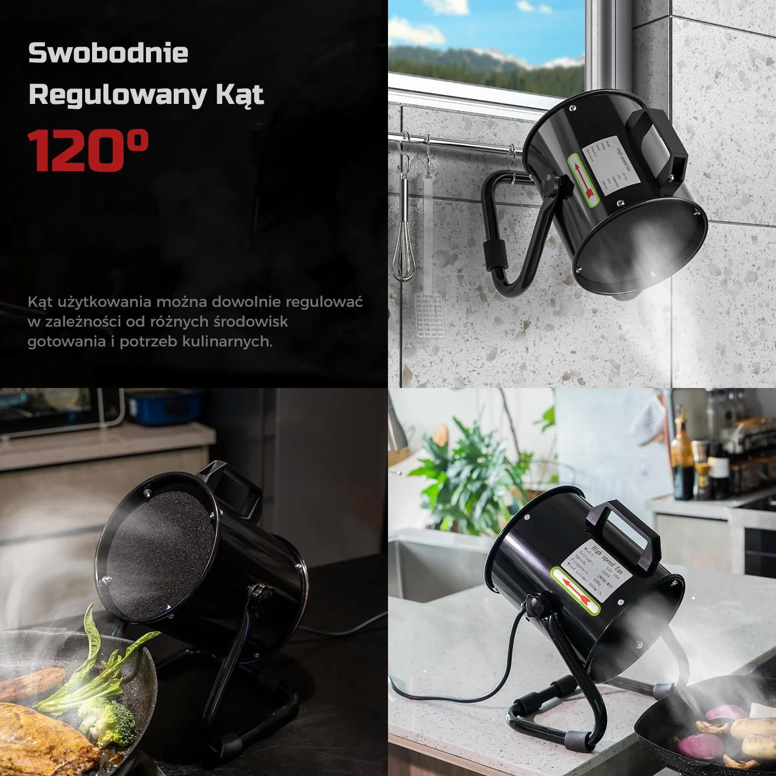 Przenośny Okap Kuchenny 40W 600m³/h Wentylator Wyciągowy ze Stopu Aluminium z 10 Filtrami Węglem Aktywnym 120° Regulowany