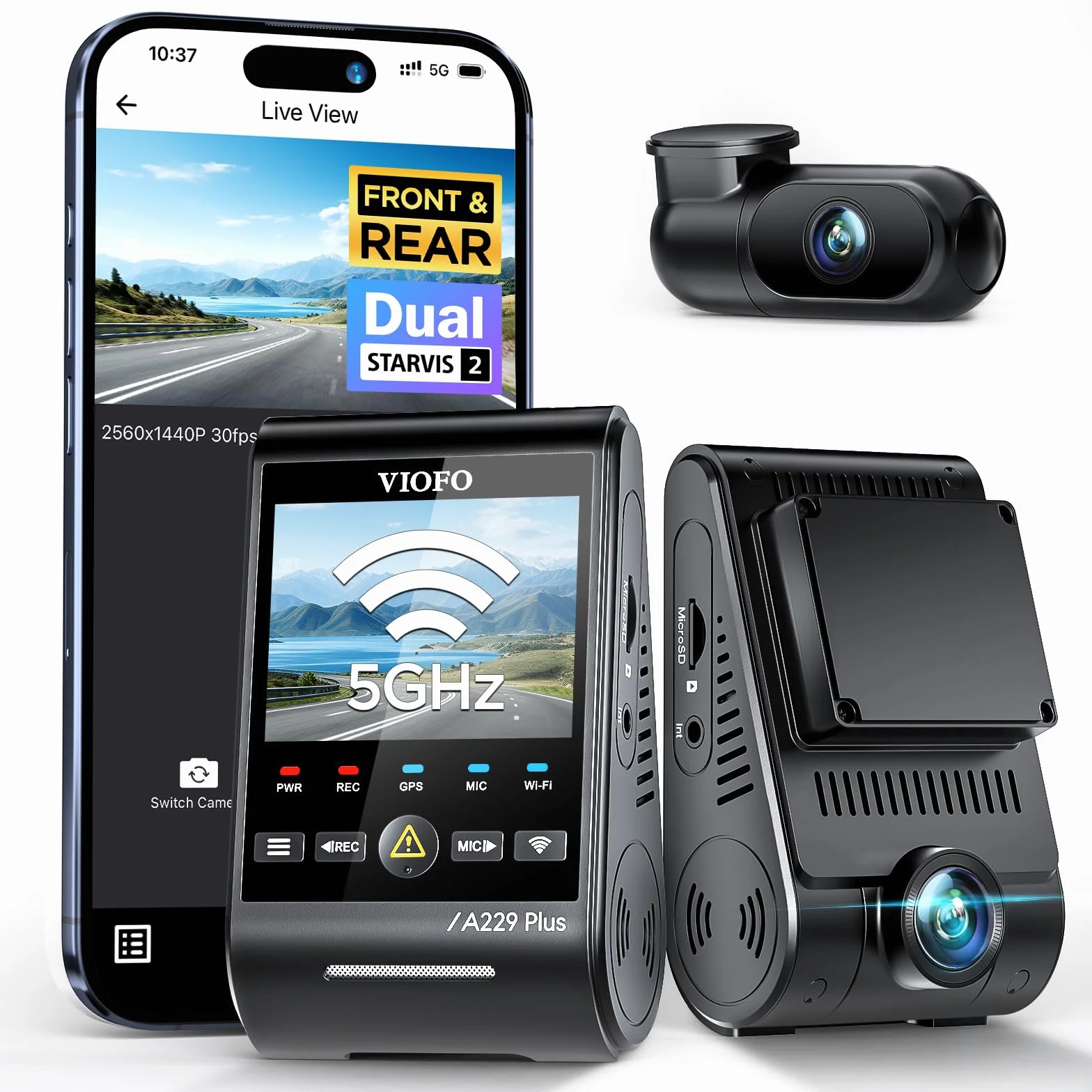 VIOFO A229 Plus 2K + 2K Dual STARVIS 2, HDR przednia tylna kamera samochodowa, sterowanie głosowe i kamera samochodowa Wi-Fi 5 GHz, ultra precyzyjny GPS, super noktowizor 2.0, duży wyświetlacz LCD