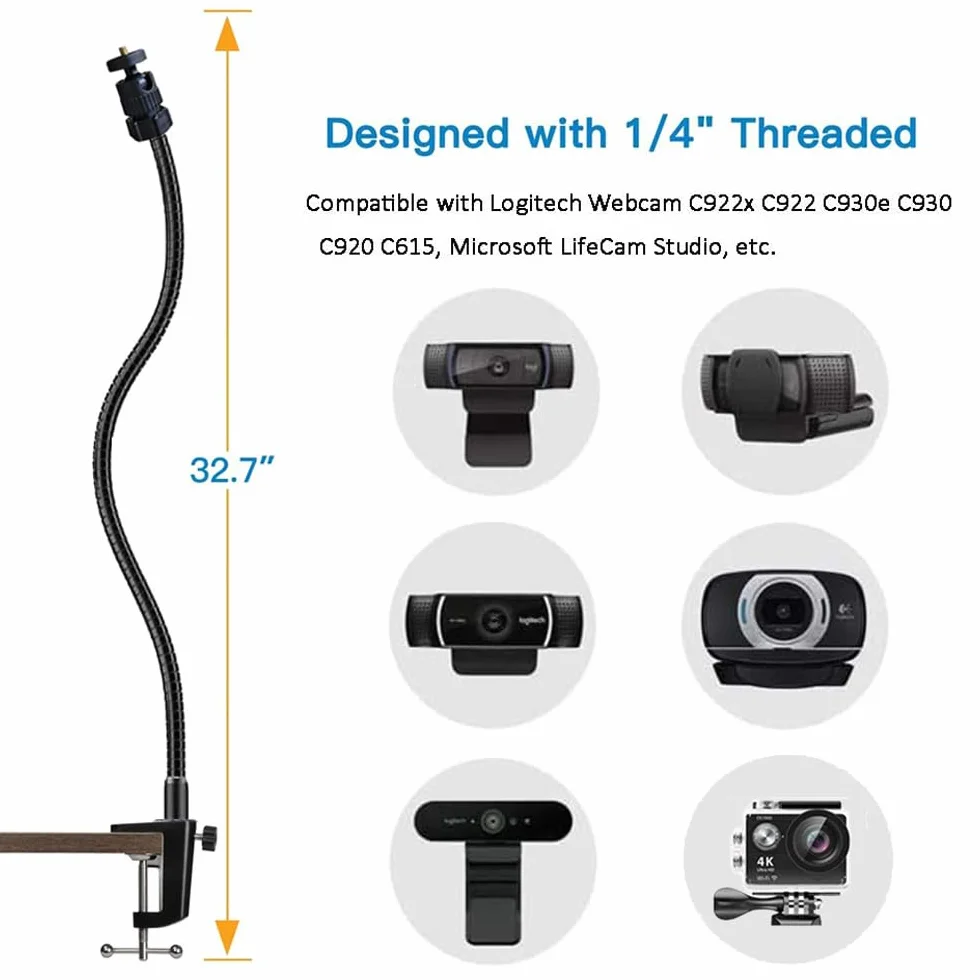 Etucro Stojak do kamery internetowej 27" Regulowany uchwyt typu łabądź na biurko do mocowania kamery dla kamer internetowych Logitech C925e, C922, C930, C920, C615 i innych (gwint 1/4")