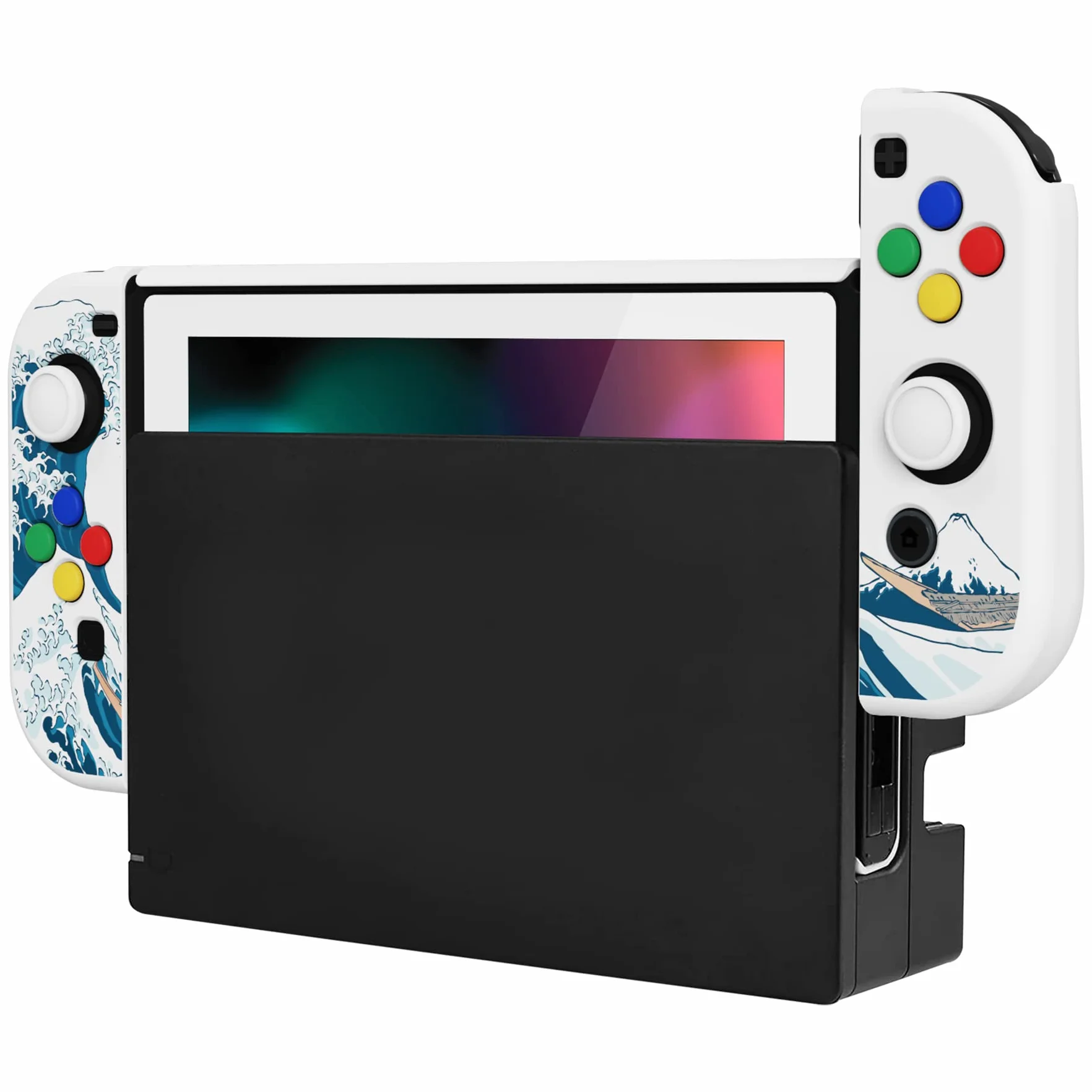 PlayVital Etui Ochronny do Nintendo Switch z Osłoną Ekran,Case Hard Shell do Switch,AlterGrips Ergonomiczna Protective Cover z Kciuka Caps&Caps Przycisków-Wielka Fala Kanagawie