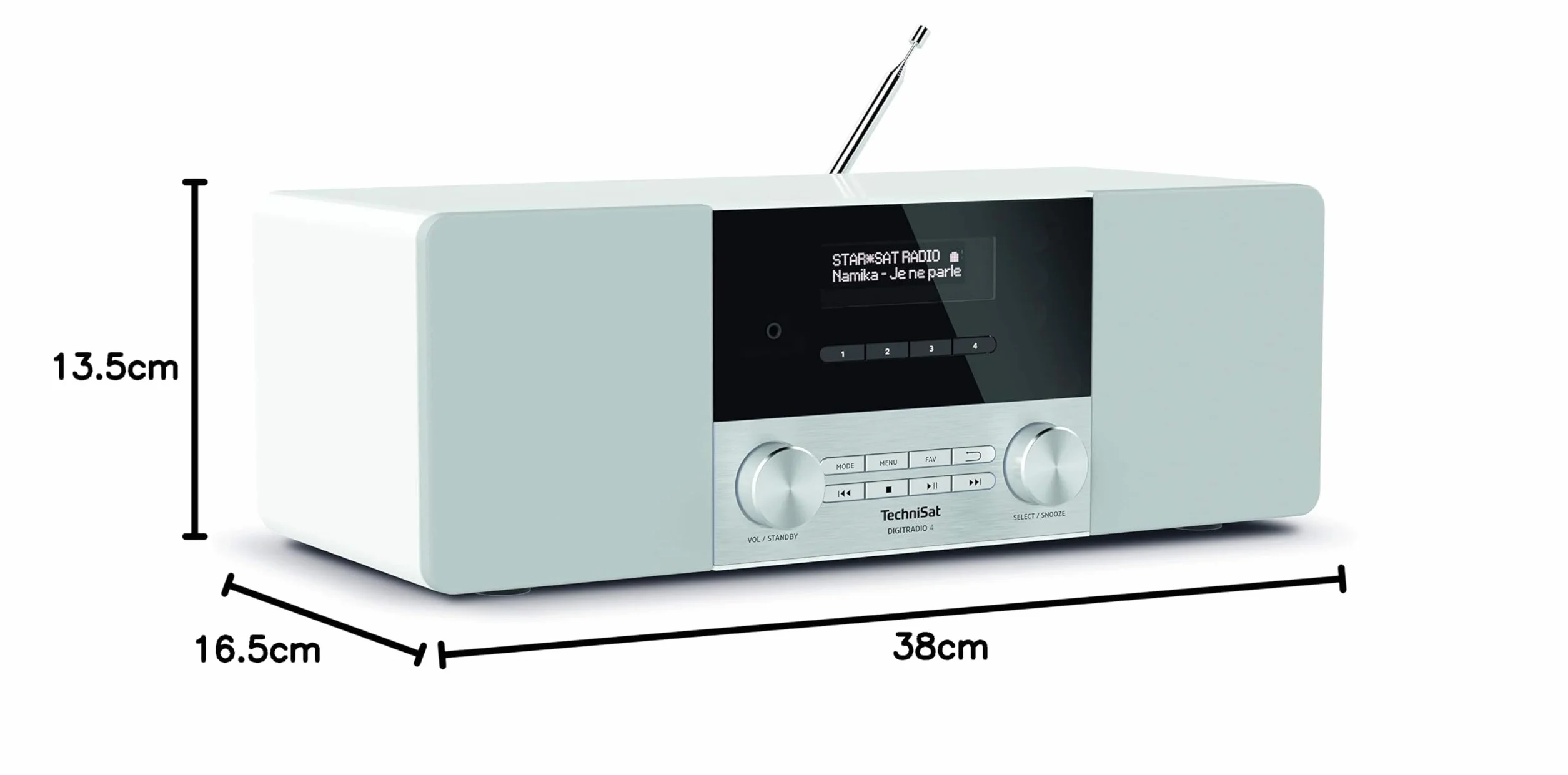 TechniSat DIGITRADIO 4 - Stereofoniczne radio DAB (DAB+, FM, Bluetooth audio streaming (odbiór), gniazdo słuchawkowe, wejście AUX, radiobudzik, wyświetlacz OLED, 20 W RMS, głośnik Elac) biały