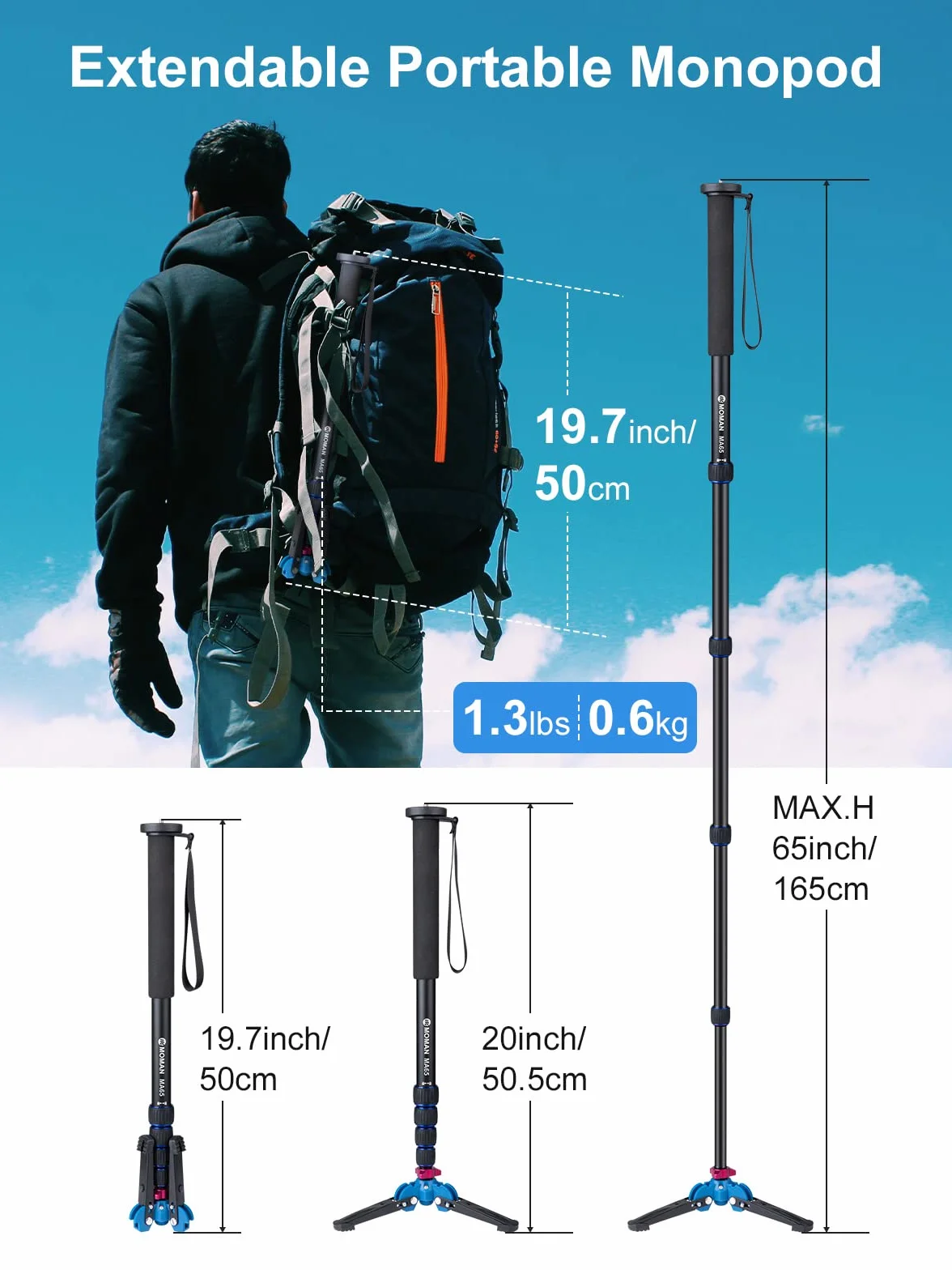 Moman Statyw Monopod z Nóżkami Do Aparatu Dslr Camcorder Dv, Lekki Przenośny Stop Aluminium Unipod, Podstawa Statywu W Zestawie, 5 Sekcji Do 163 cm