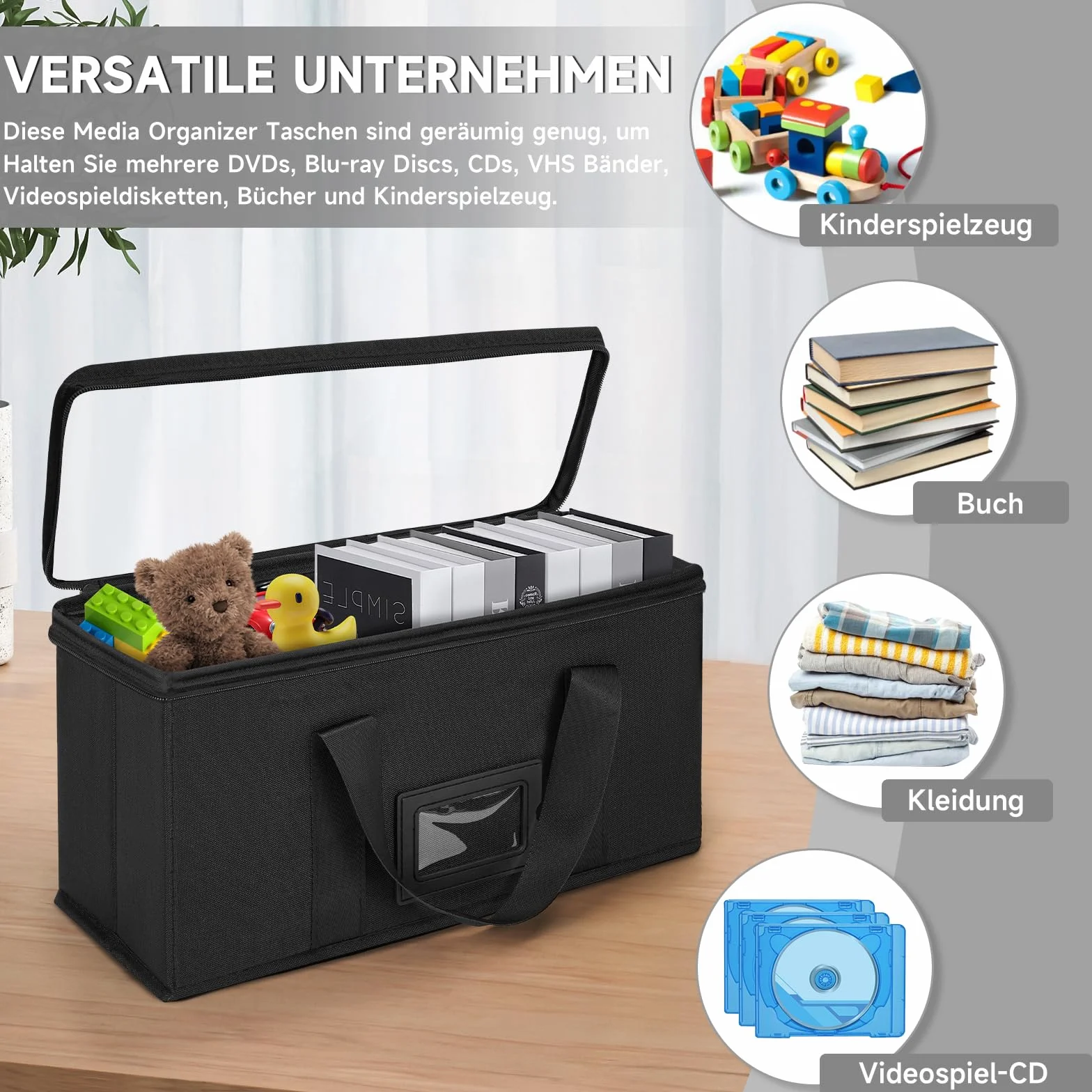 Etui do przechowywania płyt CD, DVD, torba do przechowywania CD/DVD z uchwytem do noszenia, torba na płyty CD/DVD z przezroczystą pokrywą (czarne etui na CD, 6 sztuk)