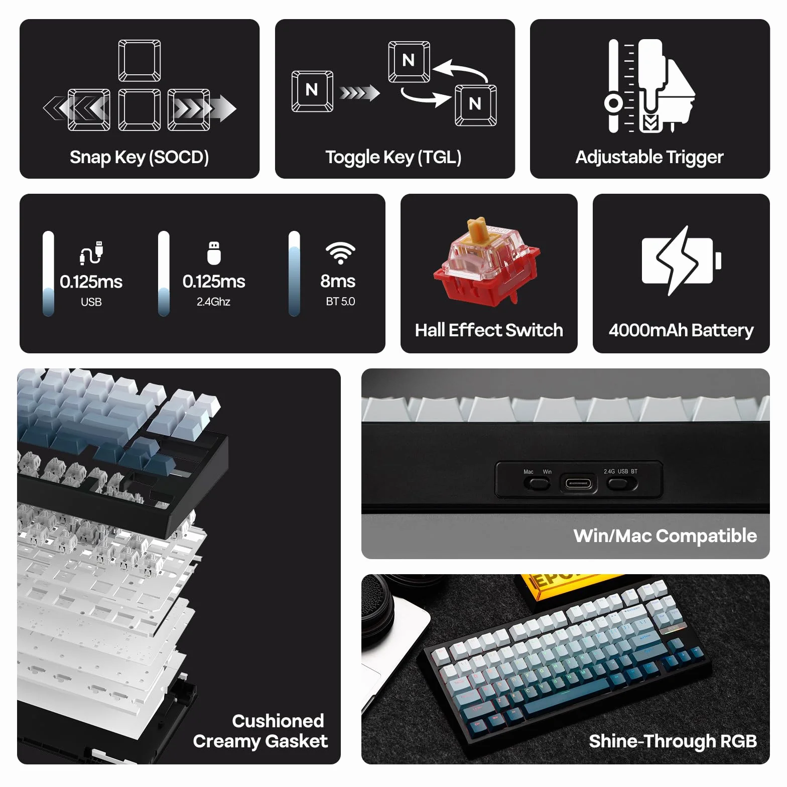 EPOMAKER G84 HE bezprzewodowa klawiatura z efektem Halla, 8K Polling i 8000 mAh, SOCD i DKS, klawiatura do gier z szybkim wyzwalaczem i regulowanym uruchomieniem, podświetlana RGB, nasadka klawiszy