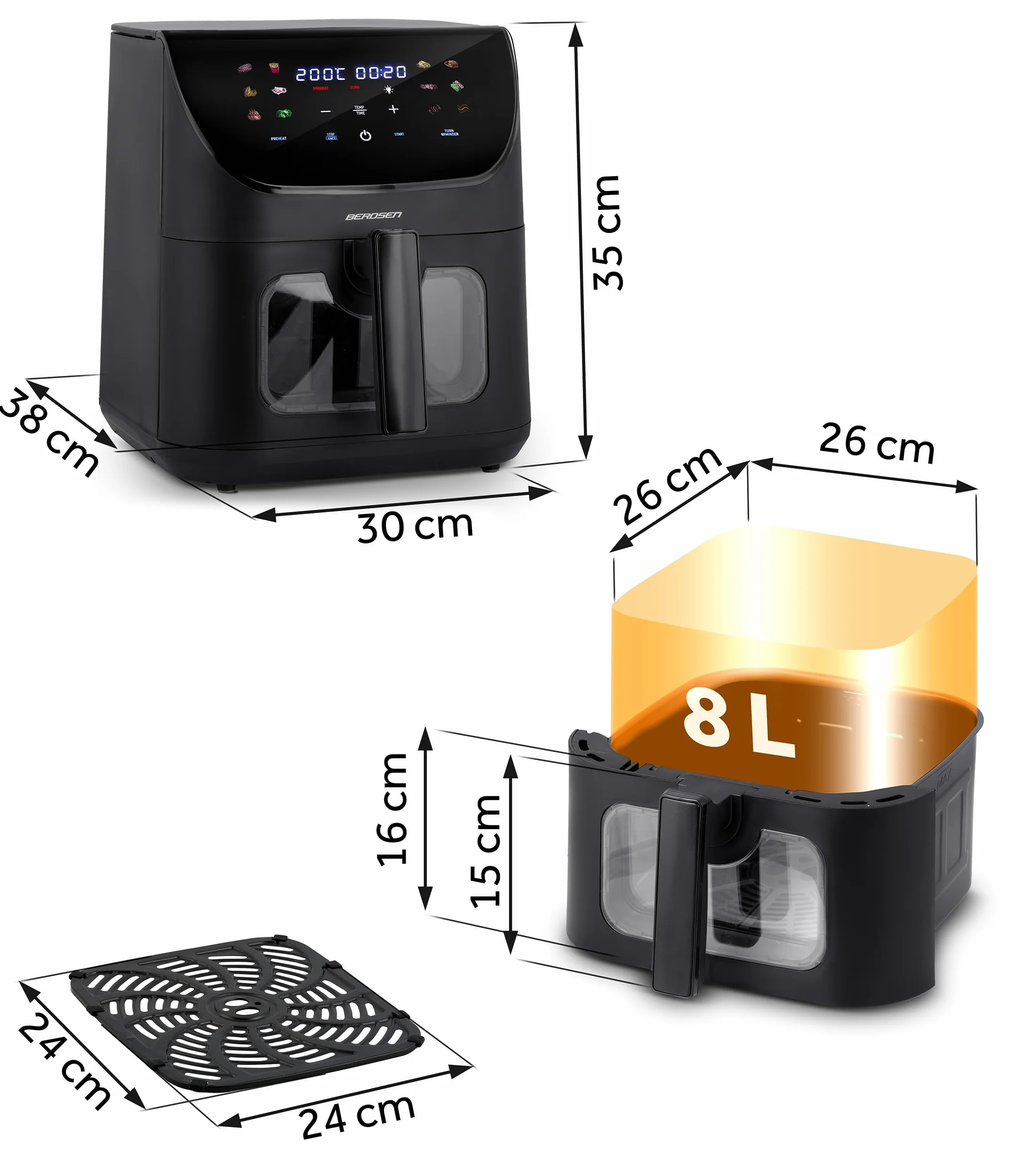 Berdsen Frytkownica Beztłuszczowa XXL 8L Airfryer z Okienkiem Ekranem Dotykowym 1700W 12 Programów Czarna